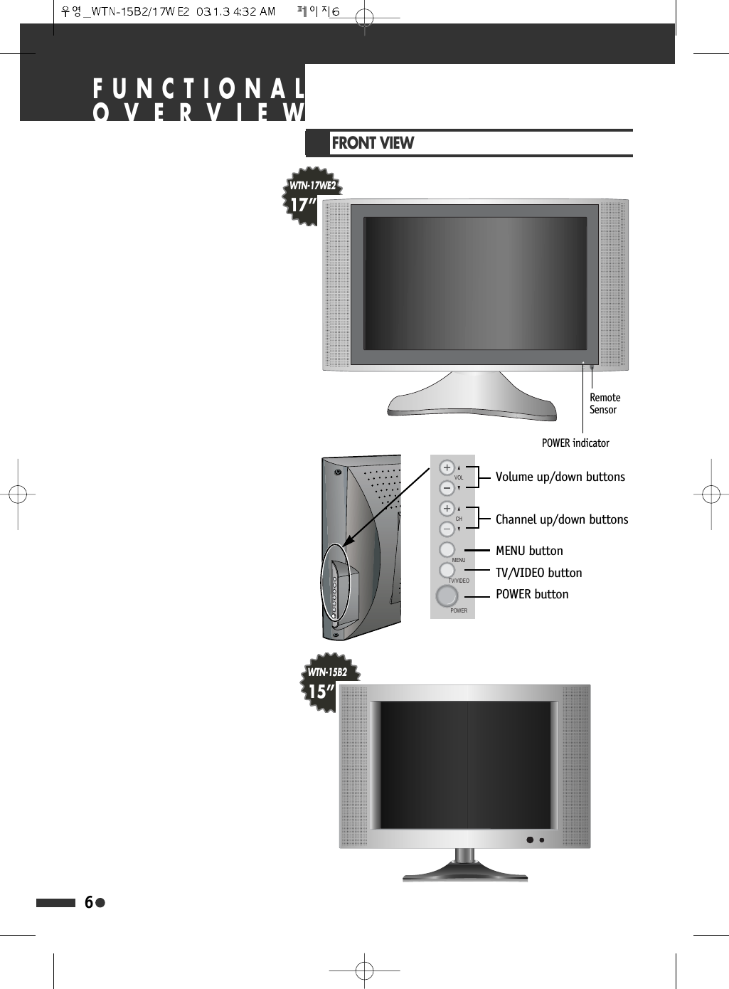 FUNCTIONALOVERVIEWFRONT VIEW6POWER indicatorRemoteSensorWTN-17WE217&rdquo;WTN-15B215&rdquo;92/&amp;+0(18799,'(232:(5Volume up/down buttonsChannel up/down buttonsMENU buttonTV/VIDEO buttonPOWER button