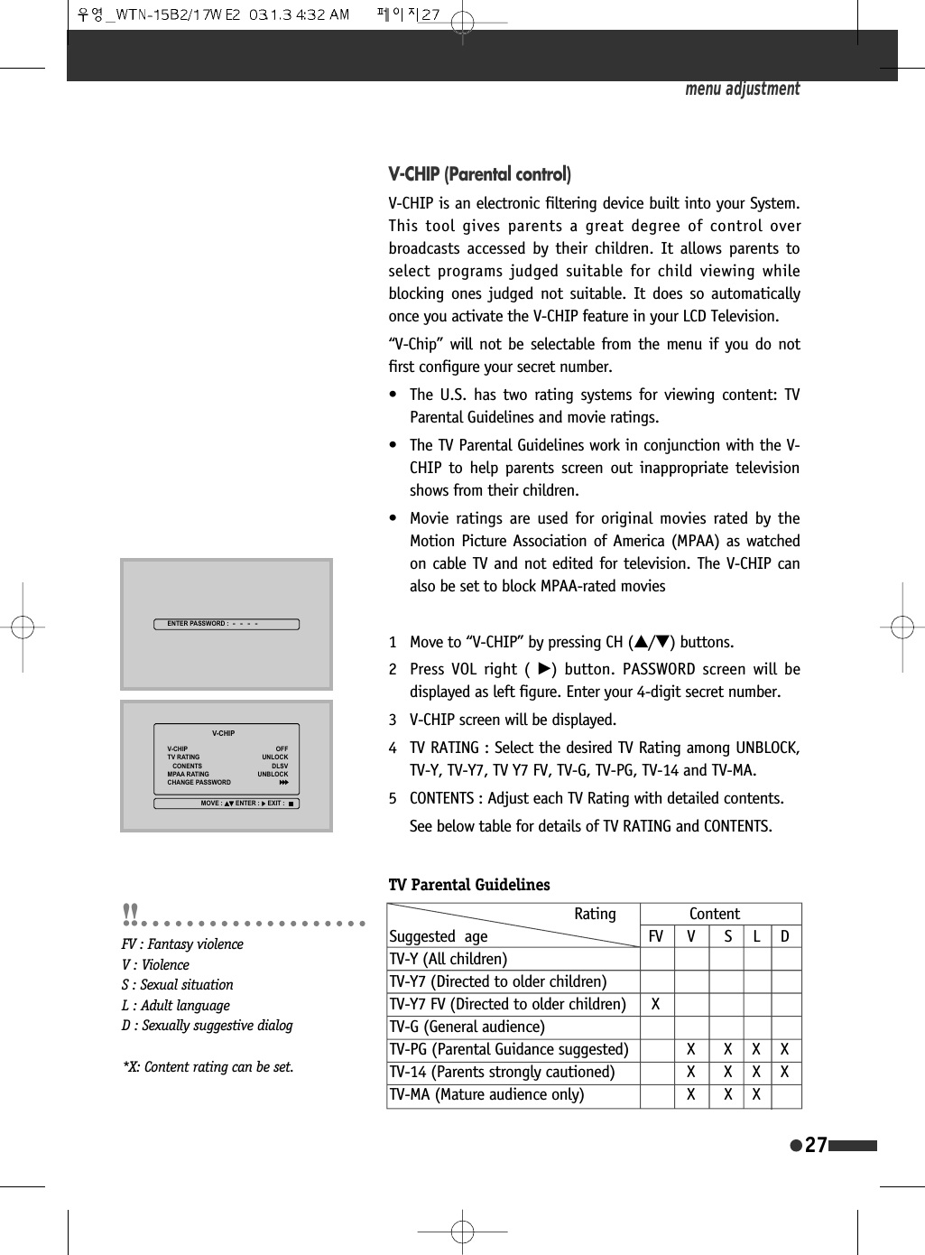 27V-CHIP (Parental control)V-CHIP is an electronic filtering device built into your System.This tool gives parents a great degree of control overbroadcasts accessed by their children. It allows parents toselect programs judged suitable for child viewing whileblocking ones judged not suitable. It does so automaticallyonce you activate the V-CHIP feature in your LCD Television.&ldquo;V-Chip&rdquo; will not be selectable from the menu if you do notfirst configure your secret number.&bull;  The U.S. has two rating systems for viewing content: TVParental Guidelines and movie ratings.&bull;  The TV Parental Guidelines work in conjunction with the V-CHIP to help parents screen out inappropriate televisionshows from their children.&bull;  Movie ratings are used for original movies rated by theMotion Picture Association of America (MPAA) as watchedon cable TV and not edited for television. The V-CHIP canalso be set to block MPAA-rated movies1 Move to &ldquo;V-CHIP&rdquo; by pressing CH (&hellip;/&dagger;) buttons.2 Press VOL right ( &radic;) button. PASSWORD screen will bedisplayed as left figure. Enter your 4-digit secret number.3 V-CHIP screen will be displayed. 4 TV RATING : Select the desired TV Rating among UNBLOCK,TV-Y, TV-Y7, TV Y7 FV, TV-G, TV-PG, TV-14 and TV-MA. 5 CONTENTS : Adjust each TV Rating with detailed contents.See below table for details of TV RATING and CONTENTS. menu adjustment(17(53$66:25'9&amp;+,39&amp;+,3795$7,1*&amp;21(17603$$5$7,1*&amp;+$1*(3$66:25'2))81/2&amp;.'/6981%/2&amp;.029( (17(5 (;,7TV Parental GuidelinesRating ContentSuggested  age FV V S L DTV-Y (All children)TV-Y7 (Directed to older children)TV-Y7 FV (Directed to older children) XTV-G (General audience)TV-PG (Parental Guidance suggested) X X X XTV-14 (Parents strongly cautioned) X X X XTV-MA (Mature audience only) X X XFV : Fantasy violenceV : ViolenceS : Sexual situationL : Adult languageD : Sexually suggestive dialog*X: Content rating can be set.