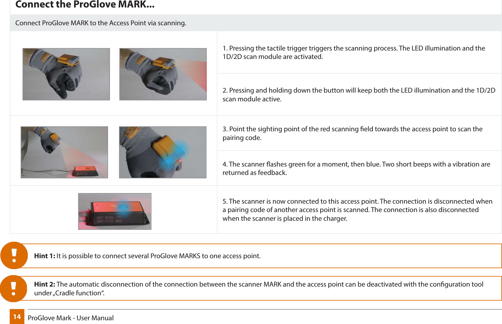 14 ProGlove Mark - User ManualConnect the ProGlove MARK...Connect ProGlove MARK to the Access Point via scanning.1. Pressing the tactile trigger triggers the scanning process. The LED illumination and the 1D/2D scan module are activated.2. Pressing and holding down the button will keep both the LED illumination and the 1D/2D scan module active.3. Point the sighting point of the red scanning eld towards the access point to scan the pairing code.4. The scanner ashes green for a moment, then blue. Two short beeps with a vibration are returned as feedback.5. The scanner is now connected to this access point. The connection is disconnected when a pairing code of another access point is scanned. The connection is also disconnected when the scanner is placed in the charger.Hint 1: It is possible to connect several ProGlove MARKS to one access point.Hint 2: The automatic disconnection of the connection between the scanner MARK and the access point can be deactivated with the conguration tool under „Cradle  function“.