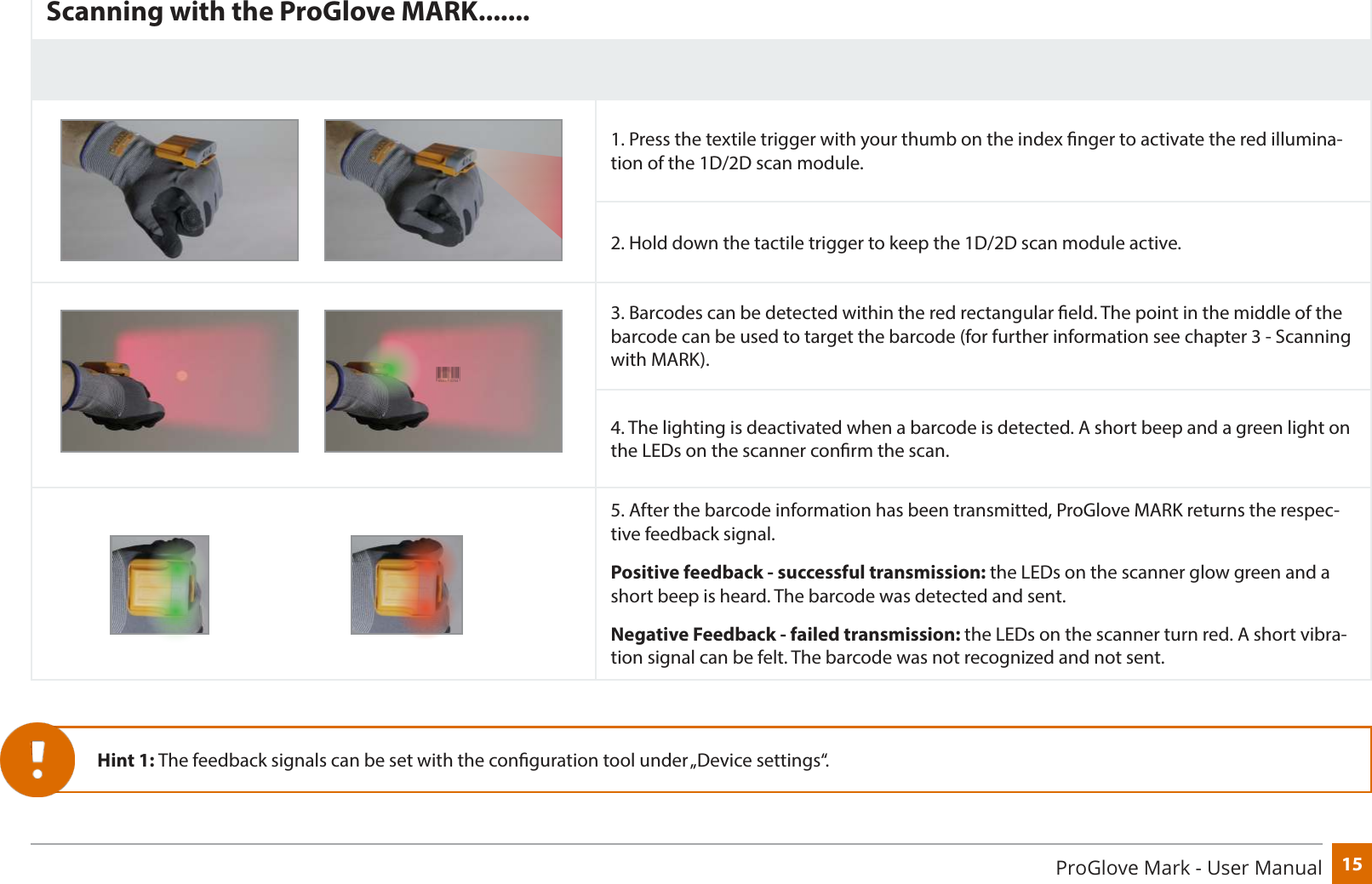 15ProGlove Mark - User ManualScanning with the ProGlove MARK.......1. Press the textile trigger with your thumb on the index nger to activate the red illumina-tion of the 1D/2D scan module.2. Hold down the tactile trigger to keep the 1D/2D scan module active.3. Barcodes can be detected within the red rectangular eld. The point in the middle of the barcode can be used to target the barcode (for further information see chapter 3 - Scanning with MARK).4. The lighting is deactivated when a barcode is detected. A short beep and a green light on the LEDs on the scanner conrm the scan.5. After the barcode information has been transmitted, ProGlove MARK returns the respec-tive feedback signal. Positive feedback - successful transmission: the LEDs on the scanner glow green and a short beep is heard. The barcode was detected and sent. Negative Feedback - failed transmission: the LEDs on the scanner turn red. A short vibra-tion signal can be felt. The barcode was not recognized and not sent.Hint 1: The feedback signals can be set with the conguration tool under „Device settings“.