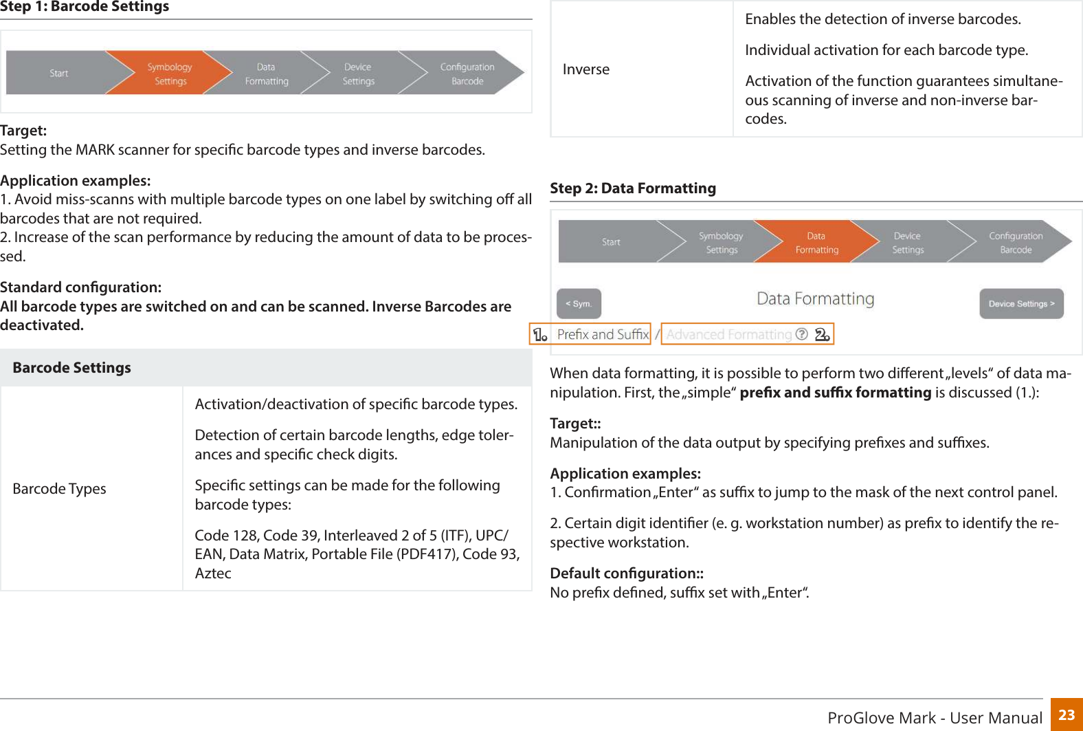 23ProGlove Mark - User ManualStep 1: Barcode SettingsTarget:  Setting the MARK scanner for specic barcode types and inverse barcodes.Application examples: 1. Avoid miss-scanns with multiple barcode types on one label by switching o all barcodes that are not required. 2. Increase of the scan performance by reducing the amount of data to be proces-sed.Standard conguration:  All barcode types are switched on and can be scanned. Inverse Barcodes are deactivated.Barcode SettingsBarcode TypesActivation/deactivation of specic barcode types.Detection of certain barcode lengths, edge toler-ances and specic check digits.Specic settings can be made for the following barcode types:Code 128, Code 39, Interleaved 2 of 5 (ITF), UPC/EAN, Data Matrix, Portable File (PDF417), Code 93, Aztec InverseEnables the detection of inverse barcodes.Individual activation for each barcode type.Activation of the function guarantees simultane-ous scanning of inverse and non-inverse bar-codes.Step 2: Data FormattingWhen data formatting, it is possible to perform two dierent „levels“ of data ma-nipulation. First, the „simple“ prex and sux formatting is discussed (1.):Target:: Manipulation of the data output by specifying prexes and suxes.Application examples: 1. Conrmation „Enter“ as sux to jump to the mask of the next control panel.2. Certain digit identier (e. g. workstation number) as prex to identify the re-spective workstation.Default conguration:: No prex dened, sux set with „Enter“. 1. 2.