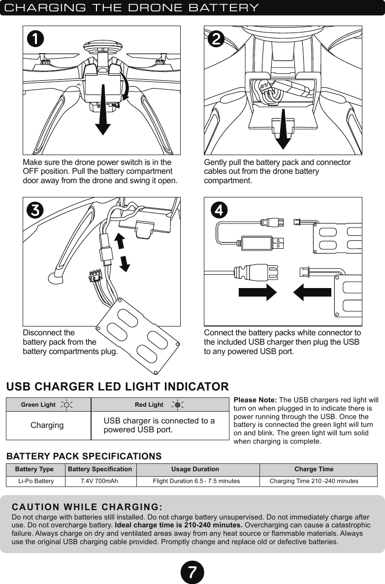 7BATTERY PACK SPECIFICATIONSCAUTION WHILE CHARGING:Do not charge with batteries still installed. Do not charge battery unsupervised. Do not immediately charge after use. Do not overcharge battery. Ideal charge time is 210-240 minutes. Overcharging can cause a catastrophic failure. Always charge on dry and ventilated areas away from any heat source or flammable materials. Always use the original USB charging cable provided. Promptly change and replace old or defective batteries.Li-Po Battery 7.4V 700mAh Flight Duration 6.5 - 7.5 minutes Charging Time 210 -240 minutesCHARGING THE DRONE BATTERYUSB CHARGER LED LIGHT INDICATORPlease Note: The USB chargers red light will turn on when plugged in to indicate there is power running through the USB. Once the battery is connected the green light will turn on and blink. The green light will turn solid when charging is complete.Make sure the drone power switch is in the OFF position. Pull the battery compartment door away from the drone and swing it open.Disconnect the battery pack from the battery compartments plug.Gently pull the battery pack and connector cables out from the drone battery compartment.Connect the battery packs white connector to the included USB charger then plug the USB to any powered USB port.Green LightChargingRed LightUsage DurationBattery SpecificationBattery Type Charge TimeUSB charger is connected to a powered USB port.