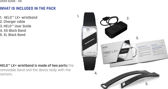 WHAT IS INCLUDED IN THE PACK1.  HELO™ LX+ wristband 2. Charger cable3. HELO™ User Guide4. XS Black Band5. XL Black BandHELO™ LX+ wristband is made of two parts: the removable band and the device body with the sensors.1. 3. 2. USER GUIDE - EN4. 5. 