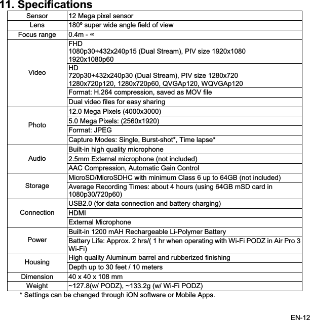 11. aSensor ega pixel sensor Specific tions12 MLens 180º super wide angle field of viewFocus range  0.4m - FHD1080p30+432x240p15 (Dual Stream), PIV size 1920x10801920x1080p60HD720p30+432x240p30 (Dual Stream), PIV size 1280x720QVGAp120, WQVGAp1201280x720p120, 1280x720p60,Format: H.264 compression, saved as MOV file Videofor easy sharing Dual video files12.0 Mega Pixels (4000x3000)5.0 Mega Pixels: (2560x1920)Format: JPEG PhotoCapture Modes: Single, Burst-shot*, Time lapse*Built-in high quality microphone 2.5mm External microphone (not included) AudioAAC Compression, Automatic Gain Control MicroSD/MicroSDHC with minimum Class 6 up to 64GB (not included) Storage Average Recording Times: about 4 hours (using 64GB mSD card in 1080p30/720p60)USB2.0 (for data connection and battery charging) HDMIConnectionExternal MicrophoneBuilt-in 1200 mAH Rechargeable Li-Polymer BatteryPower Battery Life: Approx. 2 hrs/( 1 hr when operating with Wi-Fi PODZ in Air Pro 3Wi-Fi)High quality Aluminum barrel and rubberized finishingHousing Depth up to 30 feet / 10 metersDimension 40 x 40 x 108 mm Weight ~127.8(w/ PODZ), ~133.2g (w/ Wi-Fi PODZ) * ngedSettings can be cha through iON software or Mobile Apps. EN-12