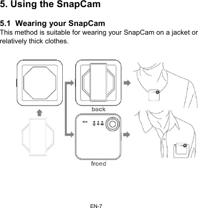 EN-75. Using the SnapCam  5.1  Wearing your SnapCam This method is suitable for wearing your SnapCam on a jacket or relatively thick clothes.       