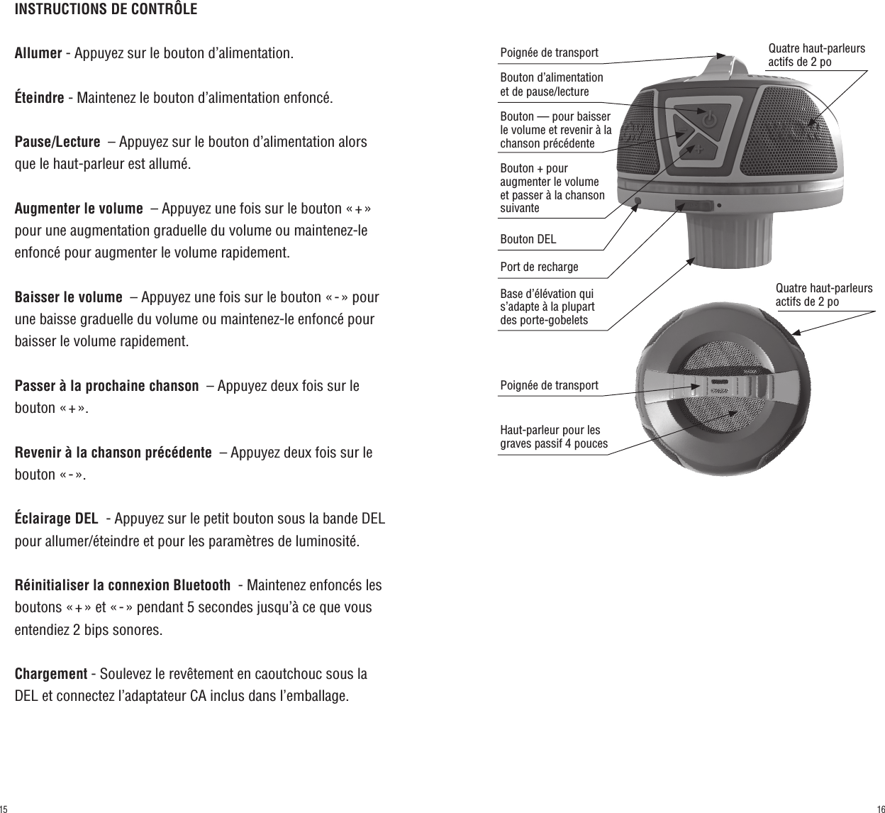 INSTRUCTIONS DE CONTRÔLE Allumer - Appuyez sur le bouton d’alimentation.Éteindre - Maintenez le bouton d’alimentation enfoncé.Pause/Lecture  – Appuyez sur le bouton d’alimentation alors que le haut-parleur est allumé.Augmenter le volume  – Appuyez une fois sur le bouton « + » pour une augmentation graduelle du volume ou maintenez-le enfoncé pour augmenter le volume rapidement.Baisser le volume  – Appuyez une fois sur le bouton « - » pour une baisse graduelle du volume ou maintenez-le enfoncé pour baisser le volume rapidement.Passer à la prochaine chanson  – Appuyez deux fois sur le bouton  « + ».   Revenir à la chanson précédente  – Appuyez deux fois sur le bouton  « - ». Éclairage DEL  - Appuyez sur le petit bouton sous la bande DEL pour allumer/éteindre et pour les paramètres de luminosité.Réinitialiser la connexion Bluetooth  - Maintenez enfoncés les boutons « + » et « - » pendant 5 secondes jusqu’à ce que vous entendiez 2 bips sonores.Chargement - Soulevez le revêtement en caoutchouc sous la DEL et connectez l’adaptateur CA inclus dans l’emballage.Bouton + pour augmenter le volume et passer à la chanson suivanteQuatre haut-parleurs actifs de 2 poQuatre haut-parleurs actifs de 2 poBouton — pour baisser le volume et revenir à la chanson précédenteBouton d’alimentation et de pause/lecturePoignée de transportBouton DELPort de rechargeBase d’élévation qui s’adapte à la plupart des porte-gobeletsHaut-parleur pour les graves passif 4 poucesPoignée de transport1615