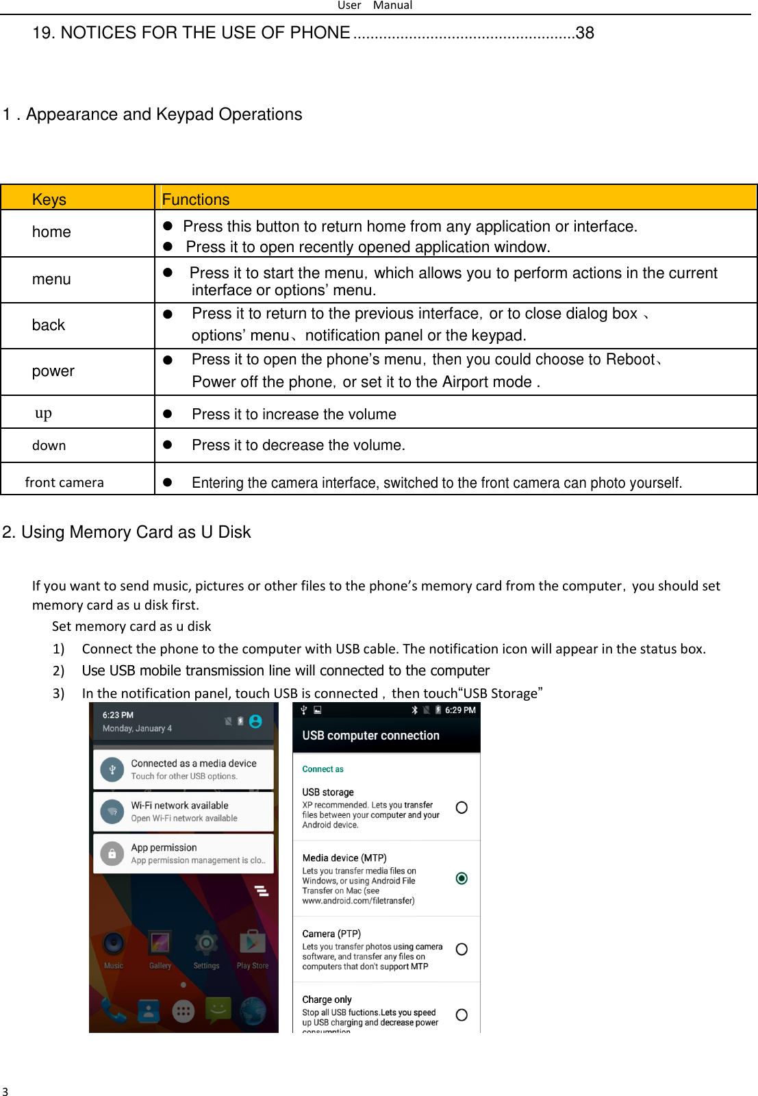 User Manual  19. NOTICES FOR THE USE OF PHONE ....................................................38     1 . Appearance and Keypad Operations      Keys   Functions   home      Press this button to return home from any application or interface.        Press it to open recently opened application window.        menu   Press it to start the menu，which allows you to perform actions in the current      interface or options’ menu.                back    Press it to return to the previous interface，or to close dialog box 、      options’ menu、notification panel or the keypad.                power    Press it to open the phone’s menu，then you could choose to Reboot、      Power off the phone，or set it to the Airport mode .                up    Press it to increase the volume          down    Press it to decrease the volume.   front camera    Entering the camera interface, switched to the front camera can photo yourself.          2. Using Memory Card as U Disk   If you want to send music, pictures or other files to the phone’s memory card from the computer，you should set memory card as u disk first.  Set memory card as u disk  1) Connect the phone to the computer with USB cable. The notification icon will appear in the status box.  2) Use USB mobile transmission line will connected to the computer  3) In the notification panel, touch USB is connected ，then touch“USB Storage”                           3 