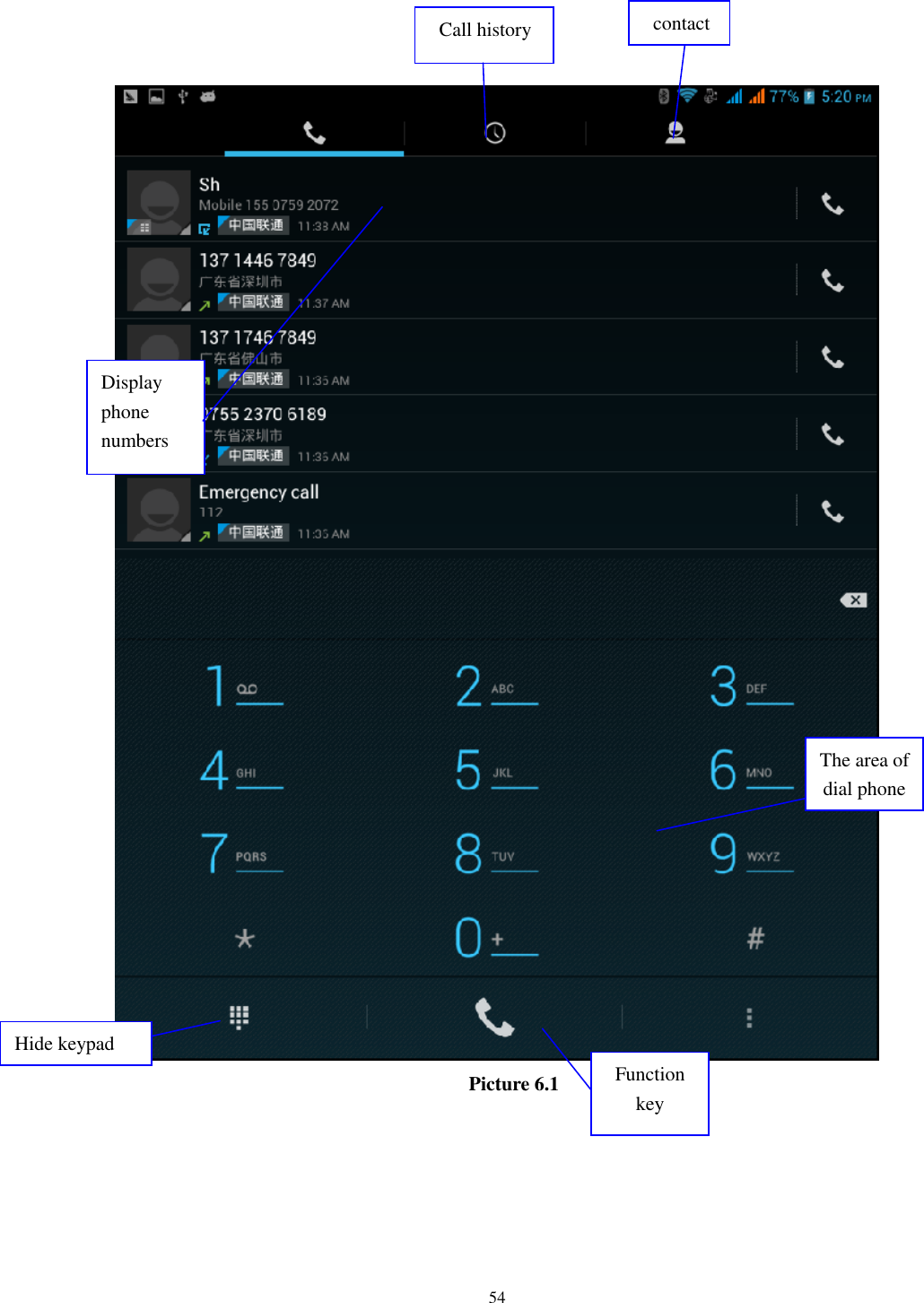   54      Picture 6.1   Display phone numbers The area of dial phone numbers Call history contact录 Hide keypad Function key 