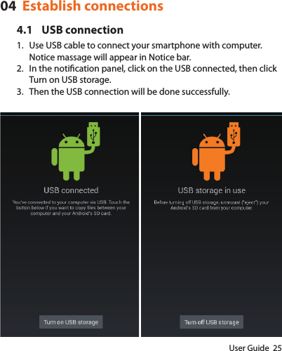 User Guide  2504  Establish connections4.1  USB connection1.  Use USB cable to connect your smartphone with computer. Notice massage will appear in Notice bar.2.  In the notication panel, click on the USB connected, then click Turn on USB storage.3.  Then the USB connection will be done successfully.