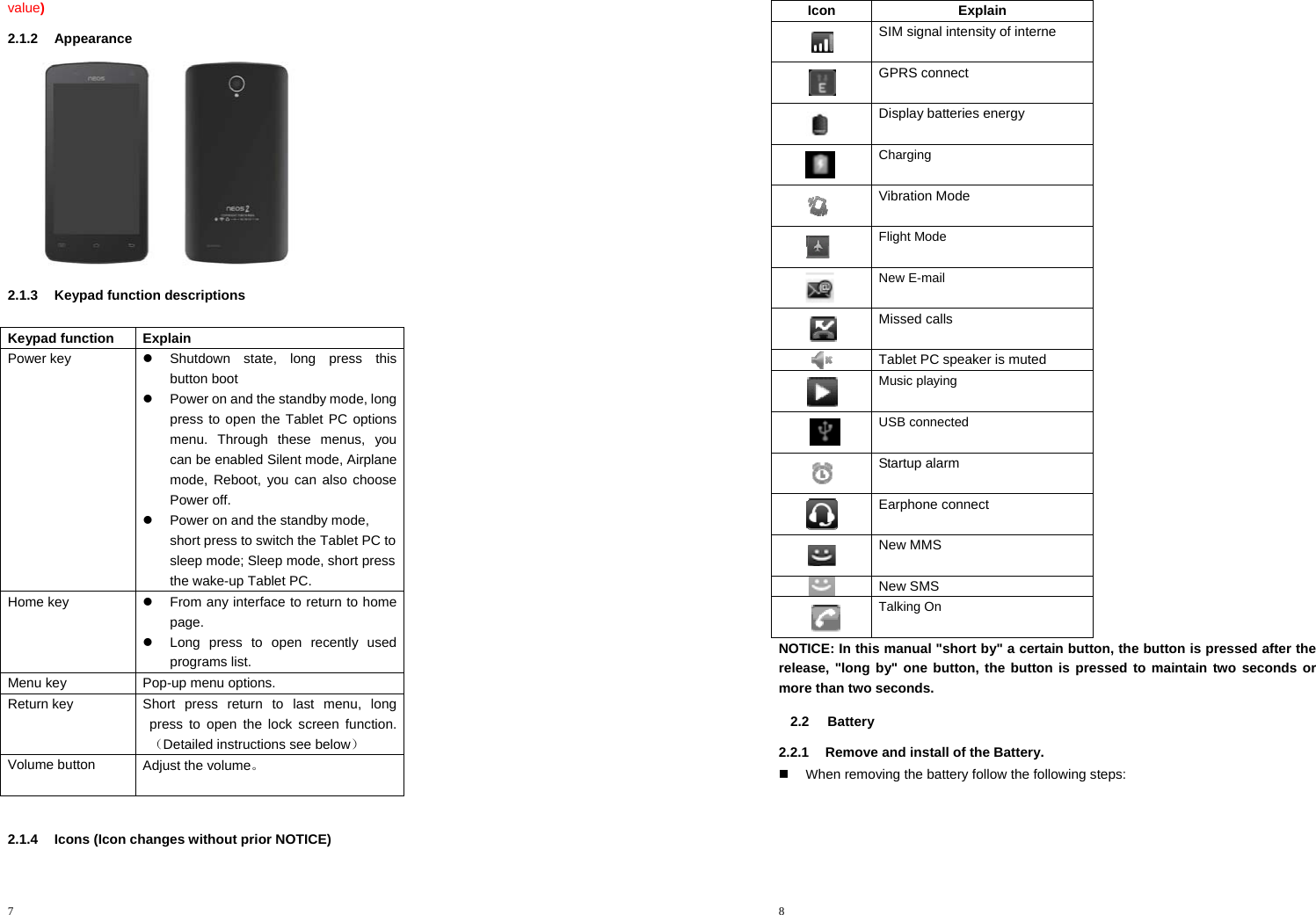 7  value) 2.1.2 Appearance   2.1.3  Keypad function descriptions  Keypad function  Explain Power key  z  Shutdown state, long press this button boot z  Power on and the standby mode, long press to open the Tablet PC options menu. Through these menus, you can be enabled Silent mode, Airplane mode, Reboot, you can also choose Power off. z  Power on and the standby mode, short press to switch the Tablet PC to sleep mode; Sleep mode, short press the wake-up Tablet PC. Home key  z  From any interface to return to home page. z  Long press to open recently used programs list. Menu key Pop-up menu options. Return key  Short press return to last menu, long press to open the lock screen function.（Detailed instructions see below） Volume button  Adjust the volume。  2.1.4  Icons (Icon changes without prior NOTICE)   8  Icon Explain  SIM signal intensity of interne  GPRS connect  Display batteries energy  Charging  Vibration Mode  Flight Mode  New E-mail  Missed calls Tablet PC speaker is muted  Music playing  USB connected   Startup alarm Earphone connect  New MMS New SMS  Talking On NOTICE: In this manual &quot;short by&quot; a certain button, the button is pressed after the release, &quot;long by&quot; one button, the button is pressed to maintain two seconds or more than two seconds. 2.2 Battery  2.2.1  Remove and install of the Battery.  When removing the battery follow the following steps: 