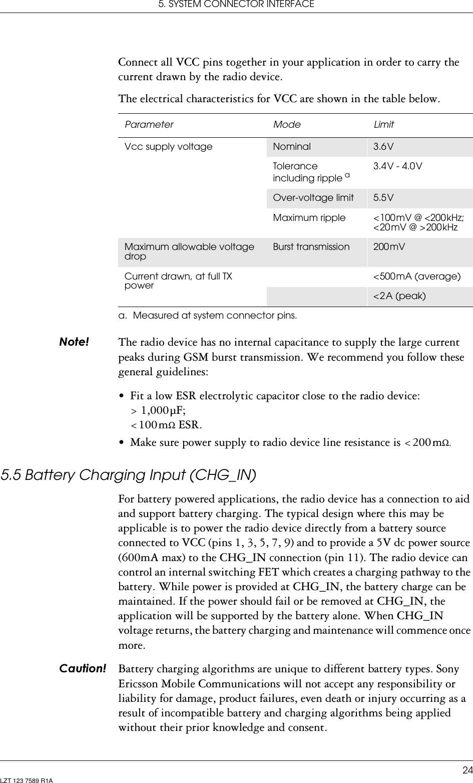 5. SYSTEM CONNECTOR INTERFACE24LZT 123 7589 R1AConnect all VCC pins together in your application in order to carry the current drawn by the radio device.The electrical characteristics for VCC are shown in the table below.1RWH The radio device has no internal capacitance to supply the large current peaks during GSM burst transmission. We recommend you follow these general guidelines:• Fit a low ESR electrolytic capacitor close to the radio device: &gt; 1,000 µF; &lt; 100 mΩ ESR.• Make sure power supply to radio device line resistance is &lt; 200 mΩ.5.5 Battery Charging Input (CHG_IN)For battery powered applications, the radio device has a connection to aid and support battery charging. The typical design where this may be applicable is to power the radio device directly from a battery source connected to VCC (pins 1, 3, 5, 7, 9) and to provide a 5V dc power source (600mA max) to the CHG_IN connection (pin 11). The radio device can control an internal switching FET which creates a charging pathway to the battery. While power is provided at CHG_IN, the battery charge can be maintained. If the power should fail or be removed at CHG_IN, the application will be supported by the battery alone. When CHG_IN voltage returns, the battery charging and maintenance will commence once more.&amp;DXWLRQ Battery charging algorithms are unique to different battery types. Sony Ericsson Mobile Communications will not accept any responsibility or liability for damage, product failures, even death or injury occurring as a result of incompatible battery and charging algorithms being applied without their prior knowledge and consent. Parameter Mode LimitVcc supply voltage Nominal 3.6 VTolerance including ripple aa. Measured at system connector pins.3.4 V  -  4.0 VOver-voltage limit 5.5 VMaximum  ripple &lt; 100 mV  @  &lt;200 kHz; &lt; 20 mV  @  &gt; 200 kHzMaximum allowable voltage dropBurst transmission 200 mVCurrent drawn, at full TX power&lt; 500 mA  (average)&lt; 2 A  (peak)