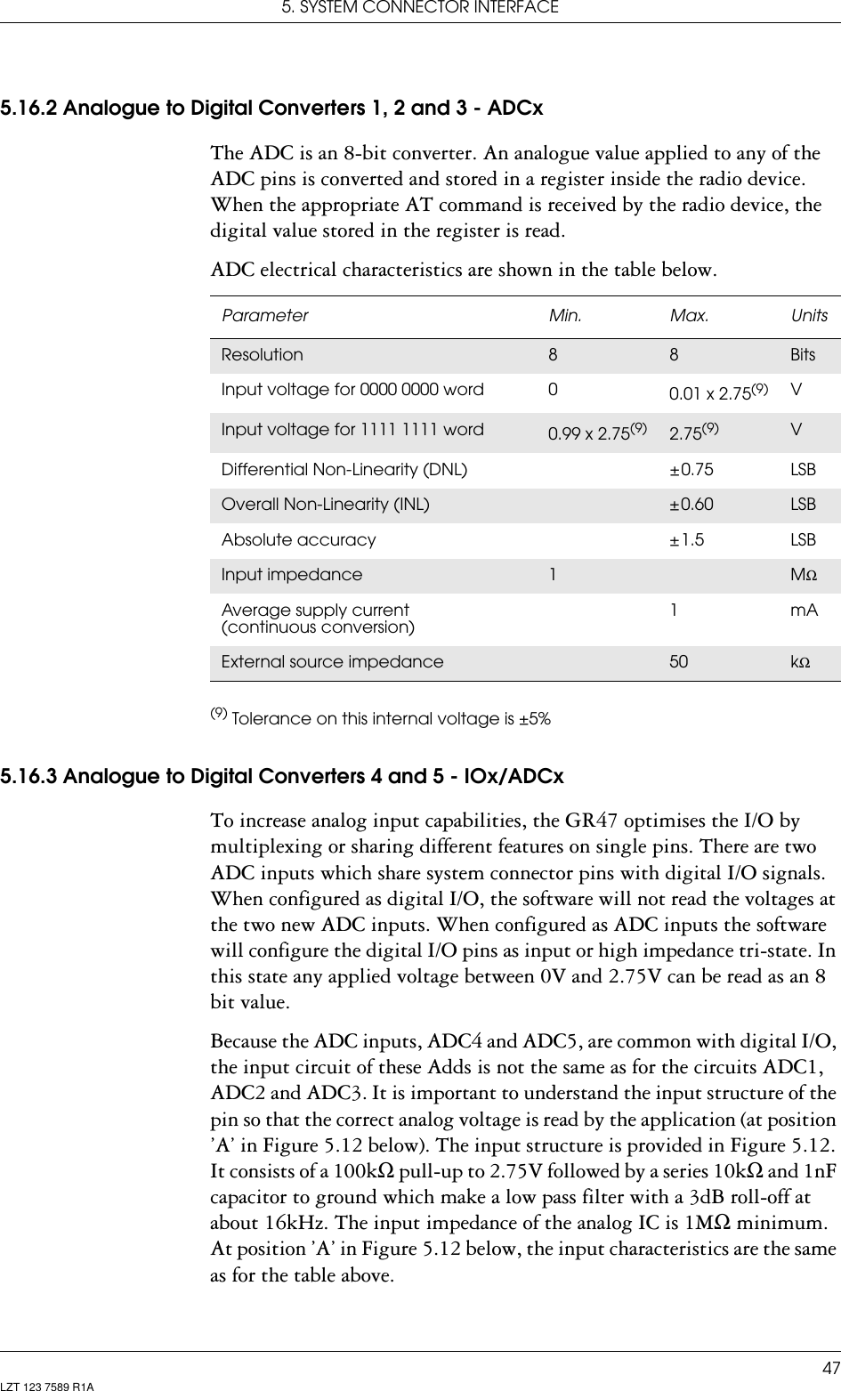 5. SYSTEM CONNECTOR INTERFACE47LZT 123 7589 R1A5.16.2 Analogue to Digital Converters 1, 2 and 3 - ADCxThe ADC is an 8-bit converter. An analogue value applied to any of the ADC pins is converted and stored in a register inside the radio device. When the appropriate AT command is received by the radio device, the digital value stored in the register is read.ADC electrical characteristics are shown in the table below.(9) Tolerance on this internal voltage is ±5%5.16.3 Analogue to Digital Converters 4 and 5 - IOx/ADCxTo increase analog input capabilities, the GR47 optimises the I/O by multiplexing or sharing different features on single pins. There are two ADC inputs which share system connector pins with digital I/O signals. When configured as digital I/O, the software will not read the voltages at the two new ADC inputs. When configured as ADC inputs the software will configure the digital I/O pins as input or high impedance tri-state. In this state any applied voltage between 0V and 2.75V can be read as an 8 bit value.Because the ADC inputs, ADC4 and ADC5, are common with digital I/O, the input circuit of these Adds is not the same as for the circuits ADC1, ADC2 and ADC3. It is important to understand the input structure of the pin so that the correct analog voltage is read by the application (at position ’A’ in Figure 5.12 below). The input structure is provided in Figure 5.12. It consists of a 100kΩ pull-up to 2.75V followed by a series 10kΩ and 1nF capacitor to ground which make a low pass filter with a 3dB roll-off at about 16kHz. The input impedance of the analog IC is 1MΩ minimum. At position ’A’ in Figure 5.12 below, the input characteristics are the same as for the table above.Parameter Min. Max. UnitsResolution 88BitsInput voltage for 0000 0000 word 0 0.01 x 2.75(9) VInput voltage for 1111 1111 word 0.99 x 2.75(9) 2.75(9) VDifferential Non-Linearity (DNL) ± 0.75 LSBOverall Non-Linearity (INL) ± 0.60 LSBAbsolute accuracy ± 1.5 LSBInput impedance 1 MΩAverage supply current (continuous conversion)1mAExternal source impedance 50 kΩ