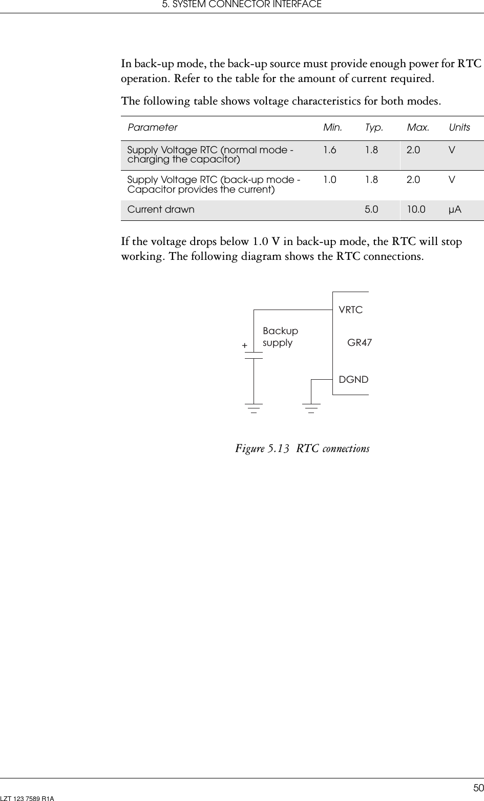 5. SYSTEM CONNECTOR INTERFACE50LZT 123 7589 R1AIn back-up mode, the back-up source must provide enough power for RTC operation. Refer to the table for the amount of current required.The following table shows voltage characteristics for both modes.If the voltage drops below 1.0 V in back-up mode, the RTC will stop working. The following diagram shows the RTC connections.Figure 5.13  RTC connectionsParameter Min. Typ. Max. UnitsSupply Voltage RTC (normal mode - charging the capacitor)1.6 1.8 2.0 VSupply Voltage RTC (back-up mode - Capacitor provides the current)1.0 1.8 2.0 VCurrent drawn 5.0 10.0 µABackupsupplyVRTC+GR47DGND