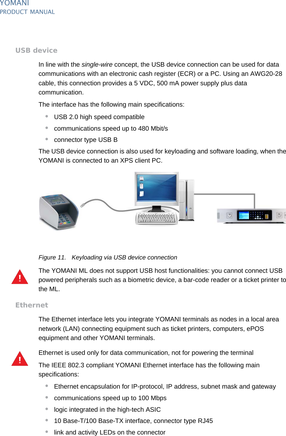 PUBLIC 11pm_ymn_keyFeatures.fm document release 2.1 last updated 8/11/13YOMANIPRODUCT MANUALUSB deviceIn line with the single-wire concept, the USB device connection can be used for data communications with an electronic cash register (ECR) or a PC. Using an AWG20-28 cable, this connection provides a 5 VDC, 500 mA power supply plus data communication.The interface has the following main specifications:•USB 2.0 high speed compatible•communications speed up to 480 Mbit/s•connector type USB BThe USB device connection is also used for keyloading and software loading, when the YOMANI is connected to an XPS client PC.Figure 11. Keyloading via USB device connectionThe YOMANI ML does not support USB host functionalities: you cannot connect USB powered peripherals such as a biometric device, a bar-code reader or a ticket printer to the ML.EthernetThe Ethernet interface lets you integrate YOMANI terminals as nodes in a local area network (LAN) connecting equipment such as ticket printers, computers, ePOS equipment and other YOMANI terminals.Ethernet is used only for data communication, not for powering the terminalThe IEEE 802.3 compliant YOMANI Ethernet interface has the following main specifications:•Ethernet encapsulation for IP-protocol, IP address, subnet mask and gateway•communications speed up to 100 Mbps•logic integrated in the high-tech ASIC•10 Base-T/100 Base-TX interface, connector type RJ45•link and activity LEDs on the connector!!