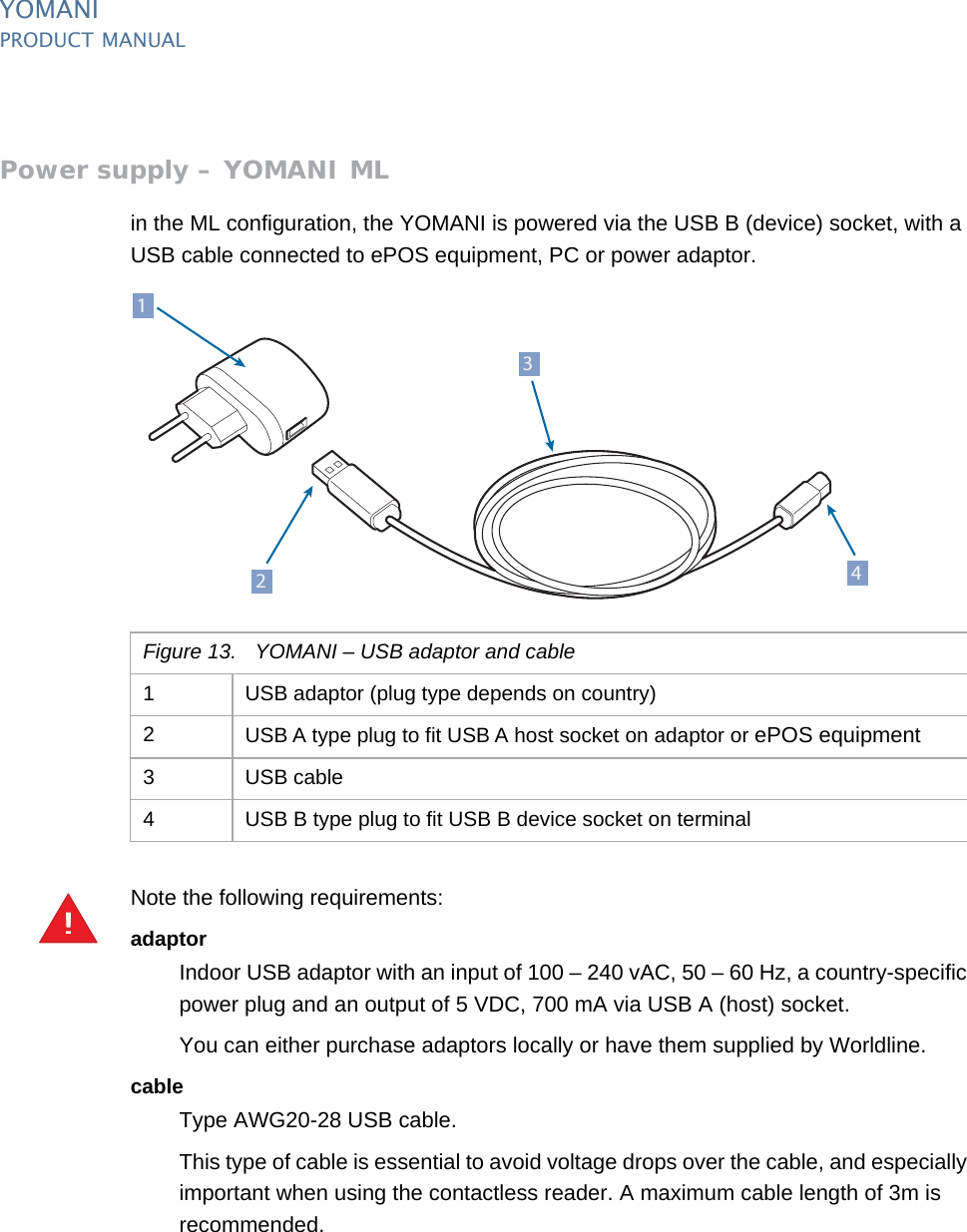 YOMANIPRODUCT MANUAL14  PUBLIClast updated 8/11/13 document release 2.1 pm_ymn_keyFeatures.fmPower supply – YOMANI MLin the ML configuration, the YOMANI is powered via the USB B (device) socket, with a USB cable connected to ePOS equipment, PC or power adaptor. Note the following requirements:adaptorIndoor USB adaptor with an input of 100 – 240 vAC, 50 – 60 Hz, a country-specific power plug and an output of 5 VDC, 700 mA via USB A (host) socket.You can either purchase adaptors locally or have them supplied by Worldline.cableType AWG20-28 USB cable.This type of cable is essential to avoid voltage drops over the cable, and especially important when using the contactless reader. A maximum cable length of 3m is recommended.Figure 13. YOMANI – USB adaptor and cable1 USB adaptor (plug type depends on country)2USB A type plug to fit USB A host socket on adaptor or ePOS equipment3 USB cable4 USB B type plug to fit USB B device socket on terminal1234!