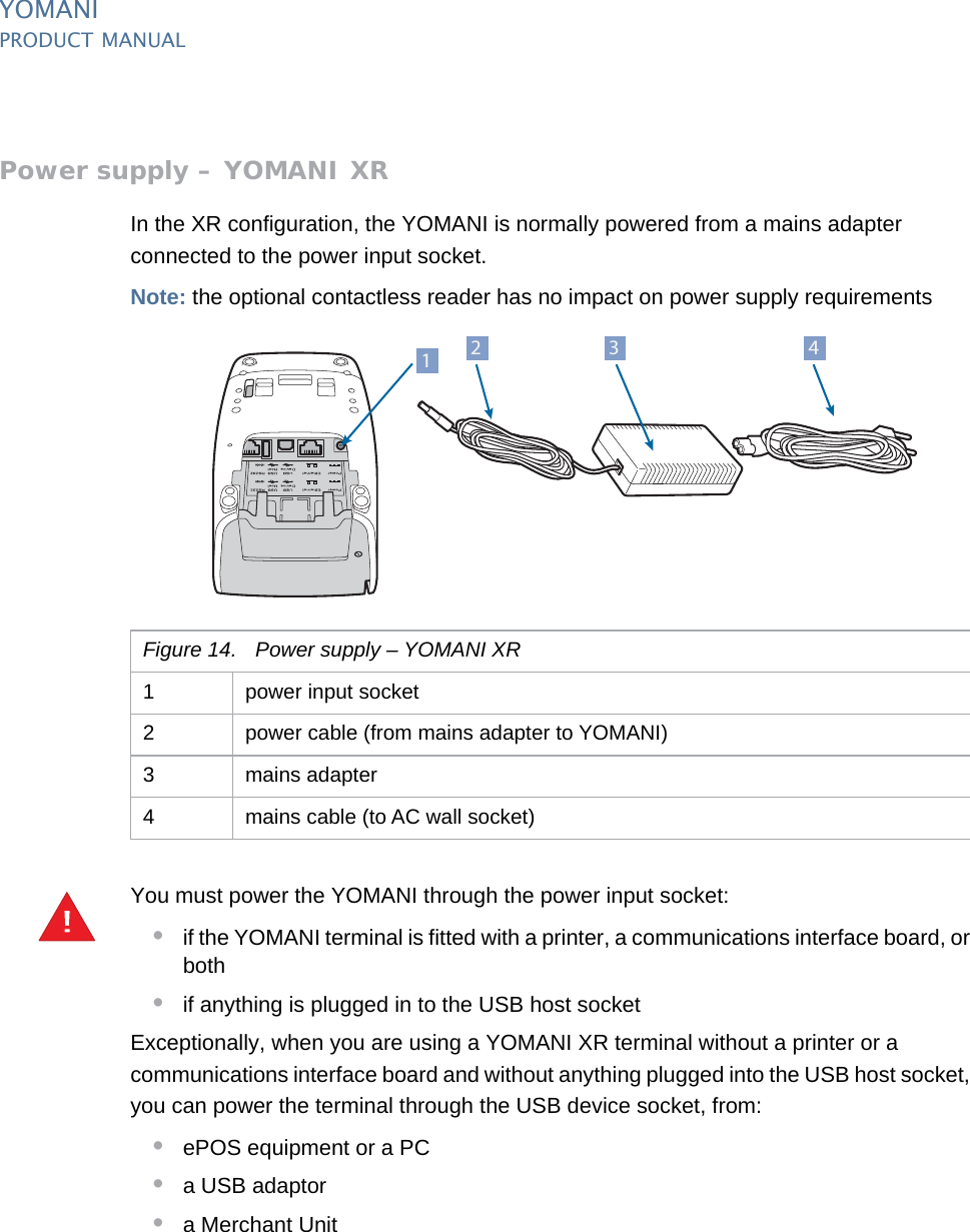 PUBLIC 15pm_ymn_keyFeatures.fm document release 2.1 last updated 8/11/13YOMANIPRODUCT MANUALPower supply – YOMANI XRIn the XR configuration, the YOMANI is normally powered from a mains adapter connected to the power input socket.Note: the optional contactless reader has no impact on power supply requirementsYou must power the YOMANI through the power input socket:•if the YOMANI terminal is fitted with a printer, a communications interface board, or both•if anything is plugged in to the USB host socketExceptionally, when you are using a YOMANI XR terminal without a printer or a communications interface board and without anything plugged into the USB host socket, you can power the terminal through the USB device socket, from:•ePOS equipment or a PC•a USB adaptor•a Merchant UnitFigure 14. Power supply – YOMANI XR1 power input socket2 power cable (from mains adapter to YOMANI)3 mains adapter4 mains cable (to AC wall socket)3 42YOMANI XR TERMINAL Manufactured by AtosWorldline SA/NVMade in SingaporeArticle N°: 90700000001Serial N°: AVT7491Registered Design1235®6,5V 3,2A1!