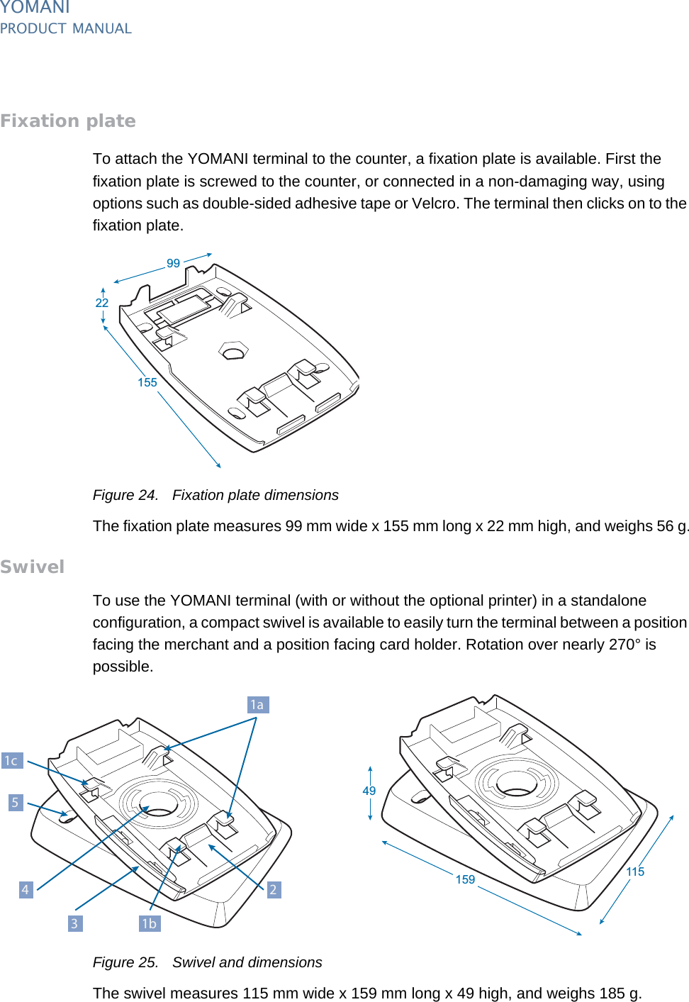 YOMANIPRODUCT MANUAL27  PUBLIClast updated 8/11/13 document release 2.1 pm_ymn_accessories.fmFixation plateTo attach the YOMANI terminal to the counter, a fixation plate is available. First the fixation plate is screwed to the counter, or connected in a non-damaging way, using options such as double-sided adhesive tape or Velcro. The terminal then clicks on to the fixation plate.Figure 24. Fixation plate dimensionsThe fixation plate measures 99 mm wide x 155 mm long x 22 mm high, and weighs 56 g.SwivelTo use the YOMANI terminal (with or without the optional printer) in a standalone configuration, a compact swivel is available to easily turn the terminal between a position facing the merchant and a position facing card holder. Rotation over nearly 270° is possible.Figure 25. Swivel and dimensionsThe swivel measures 115 mm wide x 159 mm long x 49 high, and weighs 185 g.15522991594911543521c1a1b