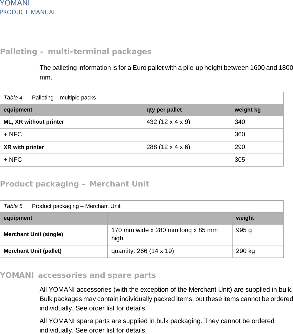 YOMANIPRODUCT MANUAL42  PUBLIClast updated 8/11/13 document release 2.1 pm_ymn_logistics.fmPalleting – multi-terminal packagesThe palleting information is for a Euro pallet with a pile-up height between 1600 and 1800 mm.Product packaging – Merchant UnitYOMANI accessories and spare partsAll YOMANI accessories (with the exception of the Merchant Unit) are supplied in bulk. Bulk packages may contain individually packed items, but these items cannot be ordered individually. See order list for details.All YOMANI spare parts are supplied in bulk packaging. They cannot be ordered individually. See order list for details.Table 4 Palleting – multiple packsequipment qty per pallet weight kgML, XR without printer 432 (12 x 4 x 9) 340+ NFC 360XR with printer 288 (12 x 4 x 6) 290+ NFC 305Table 5 Product packaging – Merchant Unitequipment weightMerchant Unit (single) 170 mm wide x 280 mm long x 85 mm high995 gMerchant Unit (pallet) quantity: 266 (14 x 19) 290 kg