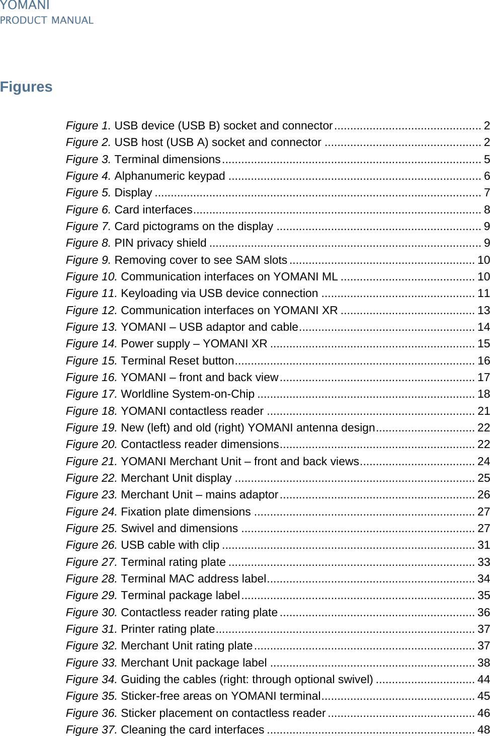 YOMANIPRODUCT MANUALv  PUBLIClast updated 8/11/13 document release 2.1 pManual_ymnLOF.fmFiguresFigure 1. USB device (USB B) socket and connector.............................................. 2Figure 2. USB host (USB A) socket and connector ................................................. 2Figure 3. Terminal dimensions................................................................................. 5Figure 4. Alphanumeric keypad ............................................................................... 6Figure 5. Display ...................................................................................................... 7Figure 6. Card interfaces.......................................................................................... 8Figure 7. Card pictograms on the display ................................................................ 9Figure 8. PIN privacy shield ..................................................................................... 9Figure 9. Removing cover to see SAM slots .......................................................... 10Figure 10. Communication interfaces on YOMANI ML .......................................... 10Figure 11. Keyloading via USB device connection ................................................ 11Figure 12. Communication interfaces on YOMANI XR .......................................... 13Figure 13. YOMANI – USB adaptor and cable....................................................... 14Figure 14. Power supply – YOMANI XR ................................................................ 15Figure 15. Terminal Reset button........................................................................... 16Figure 16. YOMANI – front and back view............................................................. 17Figure 17. Worldline System-on-Chip .................................................................... 18Figure 18. YOMANI contactless reader ................................................................. 21Figure 19. New (left) and old (right) YOMANI antenna design............................... 22Figure 20. Contactless reader dimensions............................................................. 22Figure 21. YOMANI Merchant Unit – front and back views.................................... 24Figure 22. Merchant Unit display ........................................................................... 25Figure 23. Merchant Unit – mains adaptor............................................................. 26Figure 24. Fixation plate dimensions ..................................................................... 27Figure 25. Swivel and dimensions ......................................................................... 27Figure 26. USB cable with clip ............................................................................... 31Figure 27. Terminal rating plate ............................................................................. 33Figure 28. Terminal MAC address label................................................................. 34Figure 29. Terminal package label......................................................................... 35Figure 30. Contactless reader rating plate ............................................................. 36Figure 31. Printer rating plate................................................................................. 37Figure 32. Merchant Unit rating plate..................................................................... 37Figure 33. Merchant Unit package label ................................................................ 38Figure 34. Guiding the cables (right: through optional swivel) ............................... 44Figure 35. Sticker-free areas on YOMANI terminal................................................ 45Figure 36. Sticker placement on contactless reader .............................................. 46Figure 37. Cleaning the card interfaces ................................................................. 48