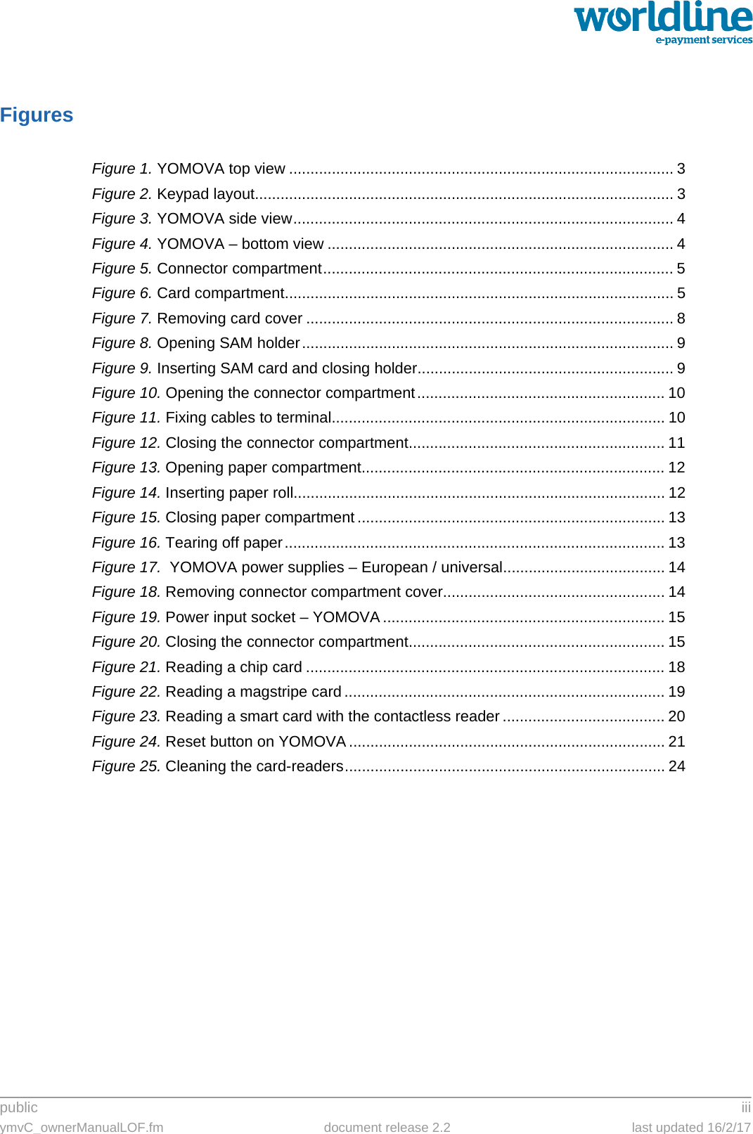 public iiiymvC_ownerManualLOF.fm document release 2.2 last updated 16/2/17FiguresFigure 1. YOMOVA top view .......................................................................................... 3Figure 2. Keypad layout.................................................................................................. 3Figure 3. YOMOVA side view......................................................................................... 4Figure 4. YOMOVA – bottom view ................................................................................. 4Figure 5. Connector compartment.................................................................................. 5Figure 6. Card compartment........................................................................................... 5Figure 7. Removing card cover ...................................................................................... 8Figure 8. Opening SAM holder....................................................................................... 9Figure 9. Inserting SAM card and closing holder............................................................ 9Figure 10. Opening the connector compartment.......................................................... 10Figure 11. Fixing cables to terminal.............................................................................. 10Figure 12. Closing the connector compartment............................................................ 11Figure 13. Opening paper compartment....................................................................... 12Figure 14. Inserting paper roll....................................................................................... 12Figure 15. Closing paper compartment ........................................................................ 13Figure 16. Tearing off paper......................................................................................... 13Figure 17.  YOMOVA power supplies – European / universal...................................... 14Figure 18. Removing connector compartment cover.................................................... 14Figure 19. Power input socket – YOMOVA .................................................................. 15Figure 20. Closing the connector compartment............................................................ 15Figure 21. Reading a chip card .................................................................................... 18Figure 22. Reading a magstripe card ........................................................................... 19Figure 23. Reading a smart card with the contactless reader ...................................... 20Figure 24. Reset button on YOMOVA .......................................................................... 21Figure 25. Cleaning the card-readers........................................................................... 24