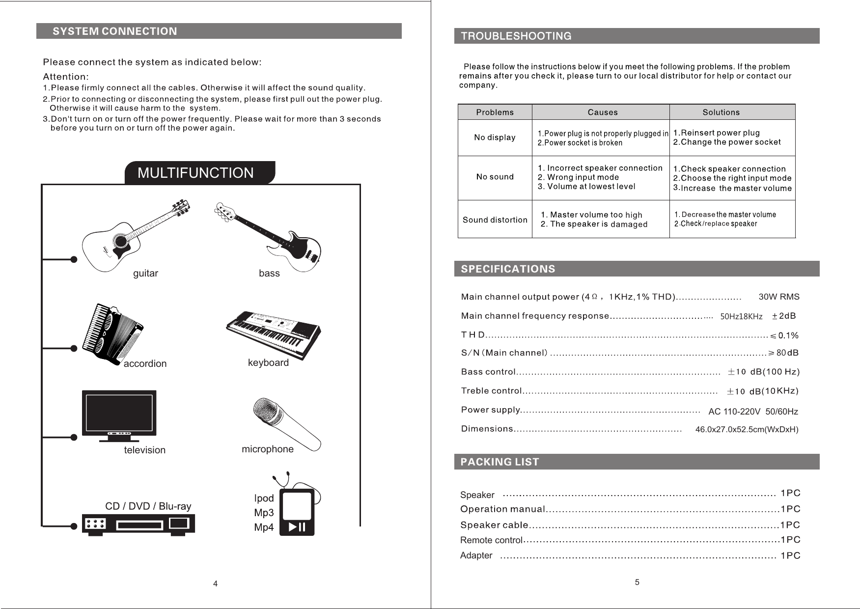 MULTIFUNCTIONaccordion keyboardtelevision microphoneguitar bass4eSpeakerRemote control46.0x27.0x52.5cm(WxDxH)Adapter....   30W RMS          AC 110-220V  50/60Hz50Hz18KHz-          805