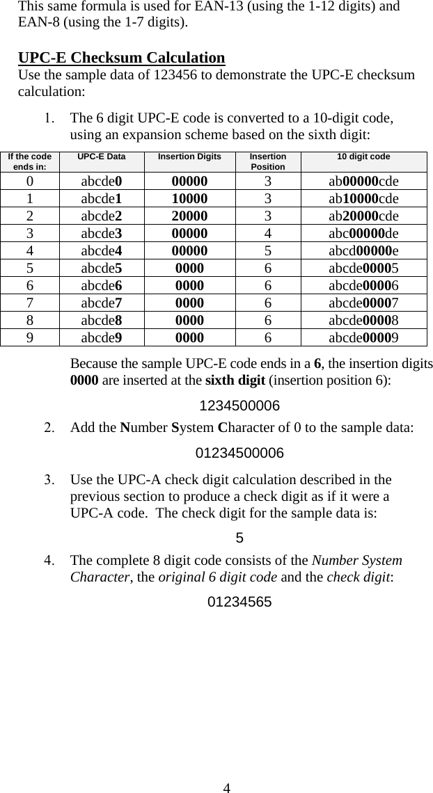  4This same formula is used for EAN-13 (using the 1-12 digits) and EAN-8 (using the 1-7 digits). UPC-E Checksum Calculation Use the sample data of 123456 to demonstrate the UPC-E checksum calculation: 1. The 6 digit UPC-E code is converted to a 10-digit code, using an expansion scheme based on the sixth digit: If the code ends in:  UPC-E Data  Insertion Digits InsertionPosition  10 digit code 0 abcde0  00000  3 ab00000cde 1 abcde1  10000  3 ab10000cde 2 abcde2  20000  3 ab20000cde 3 abcde3  00000  4 abc00000de 4 abcde4  00000  5 abcd00000e 5 abcde5  0000  6 abcde00005 6 abcde6  0000  6 abcde00006 7 abcde7  0000  6 abcde00007 8 abcde8  0000  6 abcde00008 9 abcde9  0000  6 abcde00009 Because the sample UPC-E code ends in a 6, the insertion digits 0000 are inserted at the sixth digit (insertion position 6): 1234500006 2. Add the Number System Character of 0 to the sample data: 01234500006 3. Use the UPC-A check digit calculation described in the previous section to produce a check digit as if it were a UPC-A code.  The check digit for the sample data is: 5 4. The complete 8 digit code consists of the Number System Character, the original 6 digit code and the check digit: 01234565