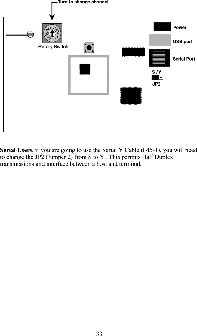 33    Serial Users, if you are going to use the Serial Y Cable (F45-1), you will need to change the JP2 (Jumper 2) from S to Y.  This permits Half Duplex transmissions and interface between a host and terminal. 