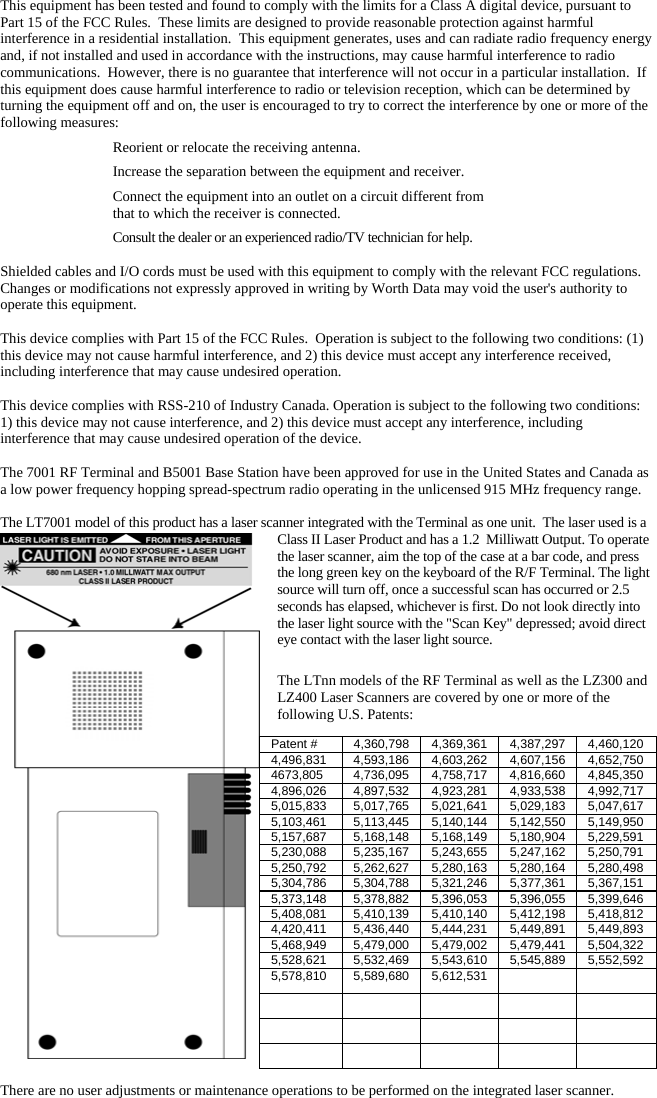 This equipment has been tested and found to comply with the limits for a Class A digital device, pursuant to Part 15 of the FCC Rules.  These limits are designed to provide reasonable protection against harmful interference in a residential installation.  This equipment generates, uses and can radiate radio frequency energy and, if not installed and used in accordance with the instructions, may cause harmful interference to radio communications.  However, there is no guarantee that interference will not occur in a particular installation.  If this equipment does cause harmful interference to radio or television reception, which can be determined by turning the equipment off and on, the user is encouraged to try to correct the interference by one or more of the following measures:   Reorient or relocate the receiving antenna.   Increase the separation between the equipment and receiver.   Connect the equipment into an outlet on a circuit different from    that to which the receiver is connected.   Consult the dealer or an experienced radio/TV technician for help.  Shielded cables and I/O cords must be used with this equipment to comply with the relevant FCC regulations. Changes or modifications not expressly approved in writing by Worth Data may void the user's authority to operate this equipment.  This device complies with Part 15 of the FCC Rules.  Operation is subject to the following two conditions: (1) this device may not cause harmful interference, and 2) this device must accept any interference received, including interference that may cause undesired operation.   This device complies with RSS-210 of Industry Canada. Operation is subject to the following two conditions: 1) this device may not cause interference, and 2) this device must accept any interference, including interference that may cause undesired operation of the device.  The 7001 RF Terminal and B5001 Base Station have been approved for use in the United States and Canada as a low power frequency hopping spread-spectrum radio operating in the unlicensed 915 MHz frequency range.   The LT7001 model of this product has a laser scanner integrated with the Terminal as one unit.  The laser used is a Class II Laser Product and has a 1.2  Milliwatt Output. To operate the laser scanner, aim the top of the case at a bar code, and press the long green key on the keyboard of the R/F Terminal. The light source will turn off, once a successful scan has occurred or 2.5 seconds has elapsed, whichever is first. Do not look directly into the laser light source with the "Scan Key" depressed; avoid direct eye contact with the laser light source.  The LTnn models of the RF Terminal as well as the LZ300 and LZ400 Laser Scanners are covered by one or more of the following U.S. Patents:  There are no user adjustments or maintenance operations to be performed on the integrated laser scanner. Patent #  4,360,798 4,369,361 4,387,297 4,460,120 4,496,831  4,593,186 4,603,262 4,607,156 4,652,750 4673,805  4,736,095 4,758,717 4,816,660 4,845,350 4,896,026  4,897,532 4,923,281 4,933,538 4,992,717 5,015,833  5,017,765 5,021,641 5,029,183 5,047,617 5,103,461  5,113,445 5,140,144 5,142,550 5,149,950 5,157,687  5,168,148 5,168,149 5,180,904 5,229,591 5,230,088  5,235,167 5,243,655 5,247,162 5,250,791 5,250,792  5,262,627 5,280,163 5,280,164 5,280,498 5,304,786  5,304,788 5,321,246 5,377,361 5,367,151 5,373,148  5,378,882 5,396,053 5,396,055 5,399,646 5,408,081  5,410,139 5,410,140 5,412,198 5,418,812 4,420,411  5,436,440 5,444,231 5,449,891 5,449,893 5,468,949  5,479,000 5,479,002 5,479,441 5,504,322 5,528,621  5,532,469 5,543,610 5,545,889 5,552,592 5,578,810 5,589,680 5,612,531                     