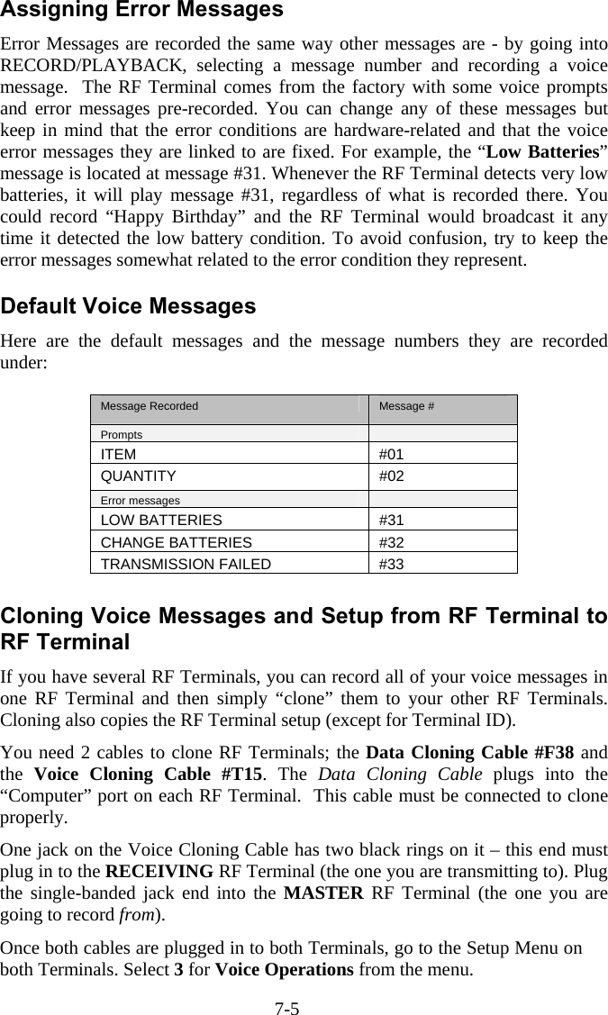 7-5 Assigning Error Messages Error Messages are recorded the same way other messages are - by going into RECORD/PLAYBACK, selecting a message number and recording a voice message.  The RF Terminal comes from the factory with some voice prompts and error messages pre-recorded. You can change any of these messages but keep in mind that the error conditions are hardware-related and that the voice error messages they are linked to are fixed. For example, the “Low Batteries” message is located at message #31. Whenever the RF Terminal detects very low batteries, it will play message #31, regardless of what is recorded there. You could record “Happy Birthday” and the RF Terminal would broadcast it any time it detected the low battery condition. To avoid confusion, try to keep the error messages somewhat related to the error condition they represent.   Default Voice Messages Here are the default messages and the message numbers they are recorded under:  Message Recorded  Message # Prompts   ITEM #01 QUANTITY #02 Error messages   LOW BATTERIES  #31 CHANGE BATTERIES  #32 TRANSMISSION FAILED  #33  Cloning Voice Messages and Setup from RF Terminal to RF Terminal If you have several RF Terminals, you can record all of your voice messages in one RF Terminal and then simply “clone” them to your other RF Terminals.  Cloning also copies the RF Terminal setup (except for Terminal ID).  You need 2 cables to clone RF Terminals; the Data Cloning Cable #F38 and the  Voice Cloning Cable #T15. The Data Cloning Cable plugs into the “Computer” port on each RF Terminal.  This cable must be connected to clone properly. One jack on the Voice Cloning Cable has two black rings on it – this end must plug in to the RECEIVING RF Terminal (the one you are transmitting to). Plug the single-banded jack end into the MASTER RF Terminal (the one you are going to record from). Once both cables are plugged in to both Terminals, go to the Setup Menu on both Terminals. Select 3 for Voice Operations from the menu. 