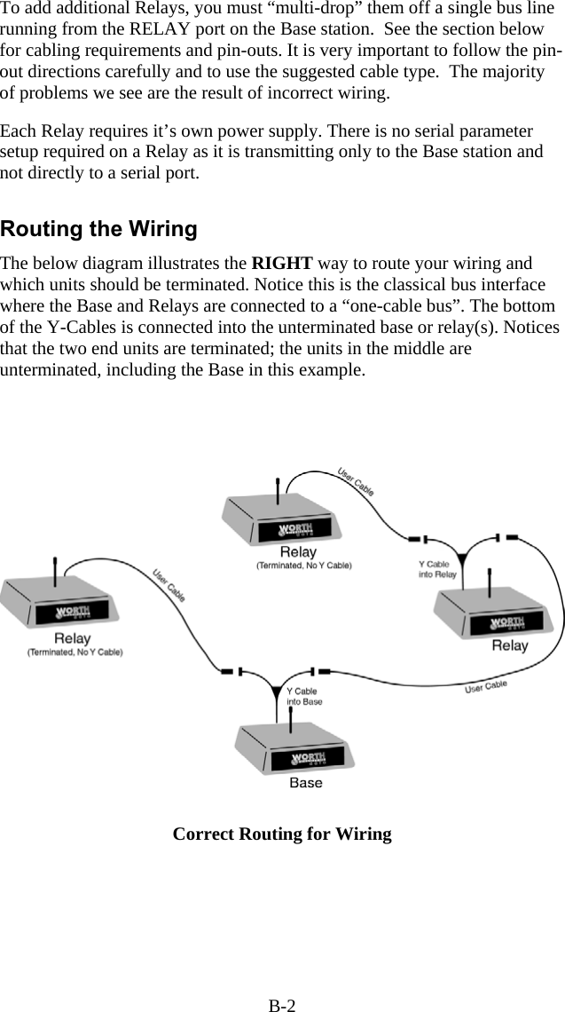 B-2 To add additional Relays, you must “multi-drop” them off a single bus line running from the RELAY port on the Base station.  See the section below for cabling requirements and pin-outs. It is very important to follow the pin-out directions carefully and to use the suggested cable type.  The majority of problems we see are the result of incorrect wiring.   Each Relay requires it’s own power supply. There is no serial parameter setup required on a Relay as it is transmitting only to the Base station and not directly to a serial port.  Routing the Wiring The below diagram illustrates the RIGHT way to route your wiring and which units should be terminated. Notice this is the classical bus interface where the Base and Relays are connected to a “one-cable bus”. The bottom of the Y-Cables is connected into the unterminated base or relay(s). Notices that the two end units are terminated; the units in the middle are unterminated, including the Base in this example.       Correct Routing for Wiring 