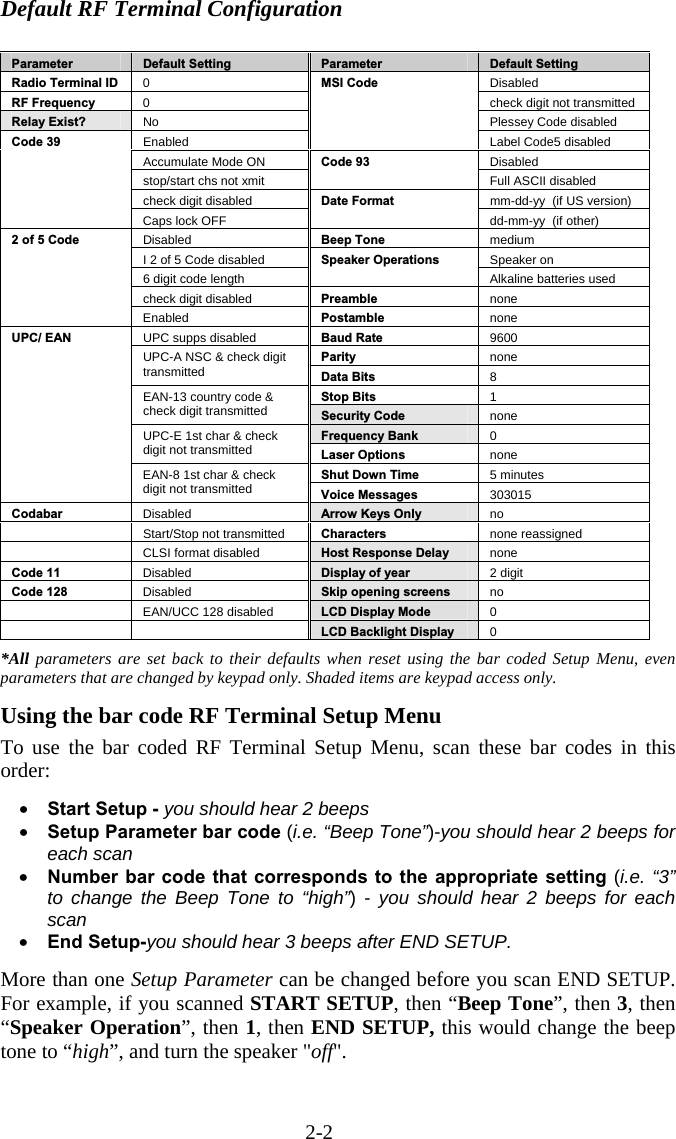 2-2 Default RF Terminal Configuration  Parameter  Default Setting  Parameter  Default Setting Radio Terminal ID  0 Disabled RF Frequency  0  check digit not transmitted Relay Exist?  No Plessey Code disabled Enabled MSI Code Label Code5 disabled Accumulate Mode ON  Disabled stop/start chs not xmit Code 93 Full ASCII disabled check digit disabled  mm-dd-yy  (if US version) Code 39 Caps lock OFF Date Format dd-mm-yy  (if other) Disabled  Beep Tone  medium I 2 of 5 Code disabled  Speaker on 6 digit code length Speaker Operations Alkaline batteries used check digit disabled  Preamble  none 2 of 5 Code Enabled  Postamble  none UPC supps disabled  Baud Rate  9600 Parity  none UPC-A NSC &amp; check digit transmitted  Data Bits  8 Stop Bits  1 EAN-13 country code &amp; check digit transmitted  Security Code  none Frequency Bank  0 UPC-E 1st char &amp; check digit not transmitted  Laser Options  none Shut Down Time  5 minutes UPC/ EAN EAN-8 1st char &amp; check digit not transmitted  Voice Messages  303015 Codabar  Disabled  Arrow Keys Only  no   Start/Stop not transmitted  Characters  none reassigned  CLSI format disabled  Host Response Delay  none Code 11  Disabled  Display of year  2 digit Code 128  Disabled  Skip opening screens  no  EAN/UCC 128 disabled  LCD Display Mode  0   LCD Backlight Display  0  *All parameters are set back to their defaults when reset using the bar coded Setup Menu, even parameters that are changed by keypad only. Shaded items are keypad access only.  Using the bar code RF Terminal Setup Menu To use the bar coded RF Terminal Setup Menu, scan these bar codes in this order:  •  Start Setup - you should hear 2 beeps •  Setup Parameter bar code (i.e. “Beep Tone”)-you should hear 2 beeps for each scan •  Number bar code that corresponds to the appropriate setting (i.e. “3” to change the Beep Tone to “high”) - you should hear 2 beeps for each scan •  End Setup-you should hear 3 beeps after END SETUP.  More than one Setup Parameter can be changed before you scan END SETUP.  For example, if you scanned START SETUP, then “Beep Tone”, then 3, then  “Speaker Operation”, then 1, then END SETUP, this would change the beep tone to “high”, and turn the speaker &quot;off&quot;.    