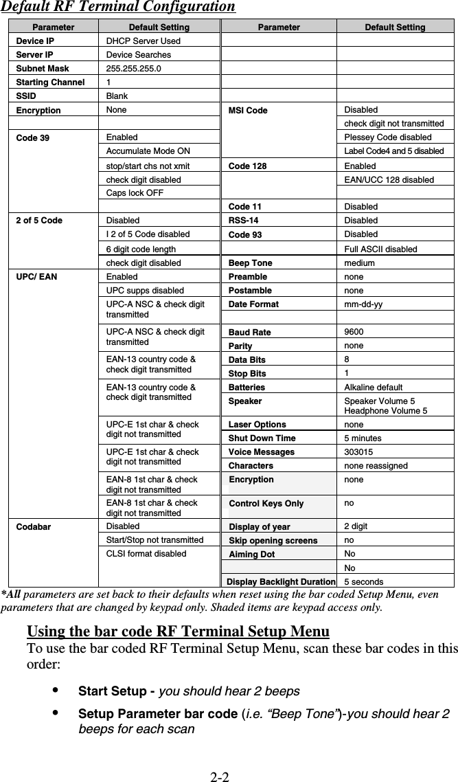 2-2Default RF Terminal Configuration Parameter  Default Setting  Parameter  Default Setting Device IP  DHCP Server Used    Server IP  Device Searches    Subnet Mask  255.255.255.0    Starting Channel  1    SSID  Blank    Encryption  None Disabled    check digit not transmitted Enabled  Plessey Code disabled Accumulate Mode ON MSI Code Label Code4 and 5 disabled stop/start chs not xmit  Code 128  Enabled check digit disabled  EAN/UCC 128 disabled Caps lock OFF   Code 39  Code 11  Disabled Disabled  RSS-14  Disabled I 2 of 5 Code disabled  Code 93  Disabled 6 digit code length   Full ASCII disabled 2 of 5 Code check digit disabled  Beep Tone  medium Enabled  Preamble none UPC supps disabled  Postamble  none Date Format  mm-dd-yy   UPC-A NSC &amp; check digit transmitted    Baud Rate  9600 UPC-A NSC &amp; check digit transmitted  Parity  none Data Bits  8 EAN-13 country code &amp; check digit transmitted  Stop Bits  1 Batteries  Alkaline default EAN-13 country code &amp; check digit transmitted  Speaker  Speaker Volume 5 Headphone Volume 5 Laser Options  none UPC-E 1st char &amp; check digit not transmitted  Shut Down Time  5 minutes Voice Messages  303015 UPC-E 1st char &amp; check digit not transmitted  Characters  none reassigned EAN-8 1st char &amp; check digit not transmitted     Encryption   none UPC/ EAN EAN-8 1st char &amp; check digit not transmitted     Control Keys Only  no Disabled     Display of year  2 digit Start/Stop not transmitted     Skip opening screens  no    Aiming Dot  No  No Codabar CLSI format disabled   Display Backlight Duration 5 seconds *All parameters are set back to their defaults when reset using the bar coded Setup Menu, even parameters that are changed by keypad only. Shaded items are keypad access only. Using the bar code RF Terminal Setup Menu To use the bar coded RF Terminal Setup Menu, scan these bar codes in this order: •  Start Setup - you should hear 2 beeps •  Setup Parameter bar code (i.e. “Beep Tone”)-you should hear 2 beeps for each scan 