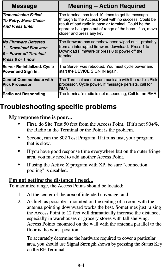 8-4 Message  Meaning – Action Required Transmission Failed To Retry, Move Closer And Press Enter  The terminal has tried 10 times to get its message through to the Access Point with no success. Could be result of bad radio in base or terminal. Could be the operator has gone out of range of the base- if so, move closer and press any key.   No Firmware Detected  1 – Download Firmware 0 – Power off Terminal Press 0 or 1 now_ The firmware has somehow been wiped out – probably from an interrupted firmware download.  Press 1 to Download Firmware or press 0 to power off the terminal.  Server Re-initialized. Cycle Power and Sign In . The Server was rebooted. You must cycle power and start the DEVICE SIGN IN again. Cannot Communicate with Pick Processor  The Terminal cannot communicate with the radio&apos;s Pick processor. Cycle power. If message persists, call for RMA. Radio not Responding   The terminal&apos;s radio is not responding, Call for an RMA.  Troubleshooting specific problems My response time is poor... •  First, do Site Test 50 feet from the Access Point.  If it&apos;s not 90+%, the Radio in the Terminal or the Point is the problem. •  Second, run the 802 Test Program. If it runs fast, your program that is slow.   •  If you have good response time everywhere but on the outer fringe area, you may need to add another Access Point.  •  If using the Active X program with XP, be sure &quot;connection pooling&quot; is disabled. I&apos;m not getting the distance I need... To maximize range, the Access Points should be located: 1.  At the center of the area of intended coverage, and 2.  As high as possible - mounted on the ceiling of a room with the antenna pointing downward works the best. Sometimes just raising the Access Point to 12 feet will dramatically increase the distance, especially in warehouses or grocery stores with tall shelving. Access Points  mounted on the wall with the antenna parallel to the floor is the worst position. To accurately determine the hardware required to cover a particular area, you should use Signal Strength shown by pressing the Status Key on the RF Terminal. 