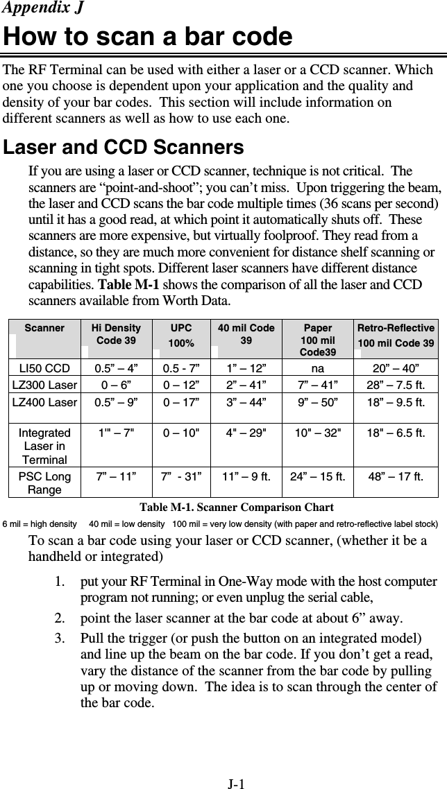 J-1 Appendix J How to scan a bar code The RF Terminal can be used with either a laser or a CCD scanner. Which one you choose is dependent upon your application and the quality and density of your bar codes.  This section will include information on different scanners as well as how to use each one.  Laser and CCD Scanners If you are using a laser or CCD scanner, technique is not critical.  The scanners are “point-and-shoot”; you can’t miss.  Upon triggering the beam, the laser and CCD scans the bar code multiple times (36 scans per second) until it has a good read, at which point it automatically shuts off.  These scanners are more expensive, but virtually foolproof. They read from a distance, so they are much more convenient for distance shelf scanning or scanning in tight spots. Different laser scanners have different distance capabilities. Table M-1 shows the comparison of all the laser and CCD scanners available from Worth Data.  Table M-1. Scanner Comparison Chart 6 mil = high density     40 mil = low density   100 mil = very low density (with paper and retro-reflective label stock) To scan a bar code using your laser or CCD scanner, (whether it be a handheld or integrated) 1.  put your RF Terminal in One-Way mode with the host computer program not running; or even unplug the serial cable, 2.  point the laser scanner at the bar code at about 6” away. 3.  Pull the trigger (or push the button on an integrated model) and line up the beam on the bar code. If you don’t get a read, vary the distance of the scanner from the bar code by pulling up or moving down.  The idea is to scan through the center of the bar code.   Scanner  Hi Density Code 39  UPC 100% 40 mil Code 39  Paper  100 mil Code39 Retro-Reflective100 mil Code 39LI50 CCD  0.5” – 4”  0.5 - 7”  1” – 12”  na  20” – 40” LZ300 Laser  0 – 6”  0 – 12”  2” – 41”  7” – 41”  28” – 7.5 ft. LZ400 Laser  0.5” – 9”  0 – 17”  3” – 44”  9” – 50”  18” – 9.5 ft. Integrated Laser in Terminal 1&apos;&quot; – 7&quot;  0 – 10&quot;  4&quot; – 29&quot;  10&quot; – 32&quot;  18&quot; – 6.5 ft. PSC Long Range 7” – 11”  7”  - 31”  11” – 9 ft.  24” – 15 ft.  48” – 17 ft. 