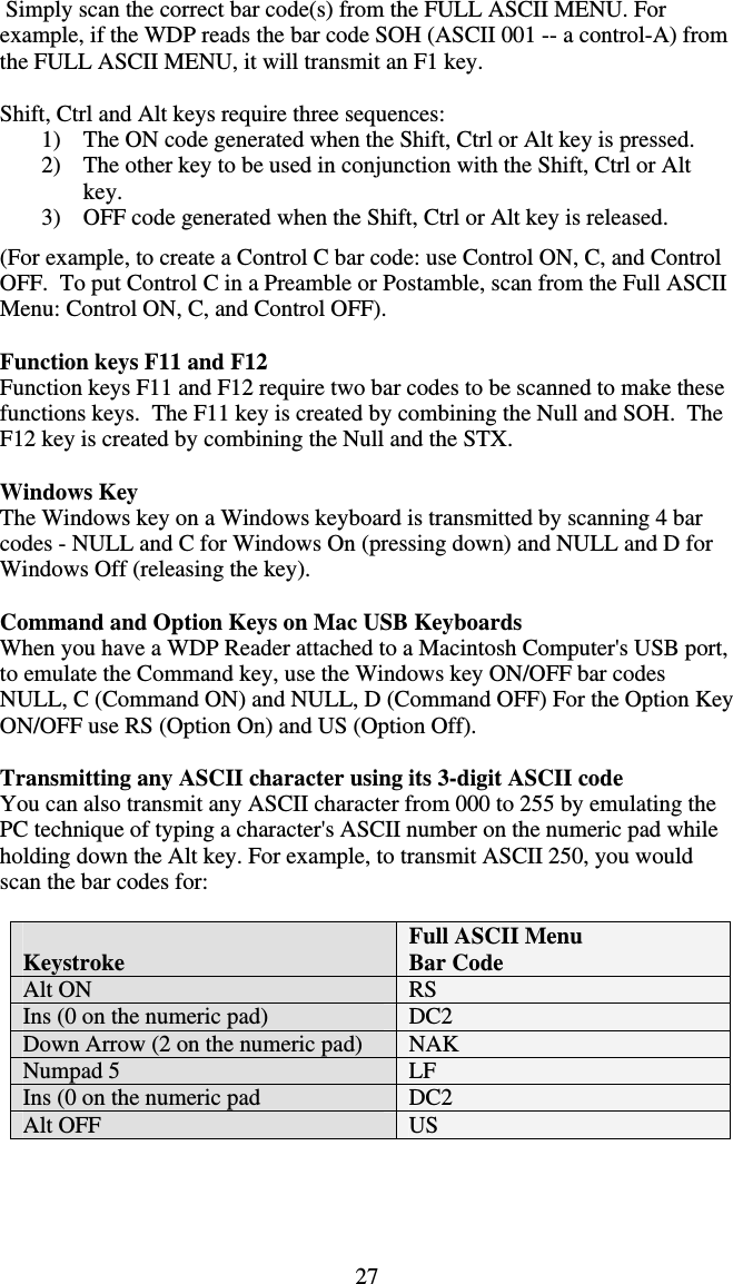 27  Simply scan the correct bar code(s) from the FULL ASCII MENU. For example, if the WDP reads the bar code SOH (ASCII 001 -- a control-A) from the FULL ASCII MENU, it will transmit an F1 key.  Shift, Ctrl and Alt keys require three sequences: 1)  The ON code generated when the Shift, Ctrl or Alt key is pressed. 2)  The other key to be used in conjunction with the Shift, Ctrl or Alt key. 3)  OFF code generated when the Shift, Ctrl or Alt key is released. (For example, to create a Control C bar code: use Control ON, C, and Control OFF.  To put Control C in a Preamble or Postamble, scan from the Full ASCII Menu: Control ON, C, and Control OFF).  Function keys F11 and F12 Function keys F11 and F12 require two bar codes to be scanned to make these functions keys.  The F11 key is created by combining the Null and SOH.  The F12 key is created by combining the Null and the STX.  Windows Key The Windows key on a Windows keyboard is transmitted by scanning 4 bar codes - NULL and C for Windows On (pressing down) and NULL and D for Windows Off (releasing the key).  Command and Option Keys on Mac USB Keyboards When you have a WDP Reader attached to a Macintosh Computer&apos;s USB port, to emulate the Command key, use the Windows key ON/OFF bar codes NULL, C (Command ON) and NULL, D (Command OFF) For the Option Key ON/OFF use RS (Option On) and US (Option Off).  Transmitting any ASCII character using its 3-digit ASCII code You can also transmit any ASCII character from 000 to 255 by emulating the PC technique of typing a character&apos;s ASCII number on the numeric pad while holding down the Alt key. For example, to transmit ASCII 250, you would scan the bar codes for:    Keystroke Full ASCII Menu  Bar Code Alt ON   RS Ins (0 on the numeric pad)  DC2 Down Arrow (2 on the numeric pad)  NAK Numpad 5  LF Ins (0 on the numeric pad  DC2 Alt OFF  US  