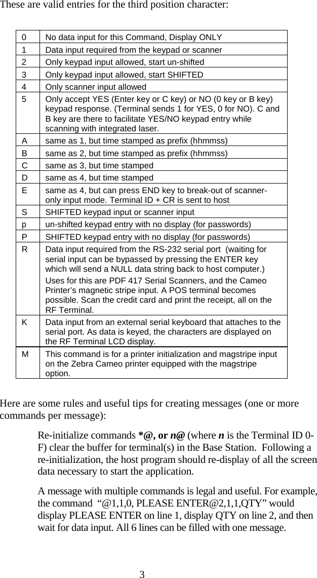  3 These are valid entries for the third position character:  0  No data input for this Command, Display ONLY 1  Data input required from the keypad or scanner 2  Only keypad input allowed, start un-shifted 3  Only keypad input allowed, start SHIFTED 4  Only scanner input allowed 5  Only accept YES (Enter key or C key) or NO (0 key or B key) keypad response. (Terminal sends 1 for YES, 0 for NO). C and B key are there to facilitate YES/NO keypad entry while scanning with integrated laser.  A  same as 1, but time stamped as prefix (hhmmss) B  same as 2, but time stamped as prefix (hhmmss) C  same as 3, but time stamped D  same as 4, but time stamped E  same as 4, but can press END key to break-out of scanner-only input mode. Terminal ID + CR is sent to host S  SHIFTED keypad input or scanner input p  un-shifted keypad entry with no display (for passwords) P  SHIFTED keypad entry with no display (for passwords) R  Data input required from the RS-232 serial port  (waiting for serial input can be bypassed by pressing the ENTER key which will send a NULL data string back to host computer.) Uses for this are PDF 417 Serial Scanners, and the Cameo Printer’s magnetic stripe input. A POS terminal becomes possible. Scan the credit card and print the receipt, all on the RF Terminal. K  Data input from an external serial keyboard that attaches to the serial port. As data is keyed, the characters are displayed on the RF Terminal LCD display. M  This command is for a printer initialization and magstripe input on the Zebra Cameo printer equipped with the magstripe option.  Here are some rules and useful tips for creating messages (one or more commands per message):   Re-initialize commands *@, or n@ (where n is the Terminal ID 0-F) clear the buffer for terminal(s) in the Base Station.  Following a re-initialization, the host program should re-display of all the screen data necessary to start the application.   A message with multiple commands is legal and useful. For example, the command  “@1,1,0, PLEASE ENTER@2,1,1,QTY” would display PLEASE ENTER on line 1, display QTY on line 2, and then wait for data input. All 6 lines can be filled with one message. 