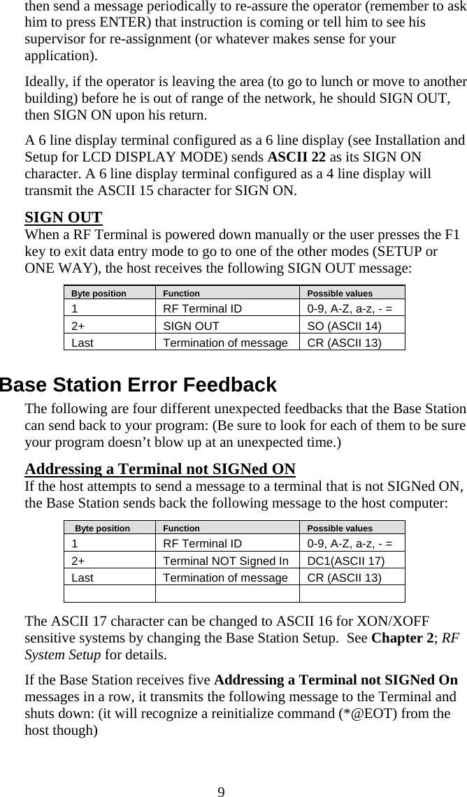  9 then send a message periodically to re-assure the operator (remember to ask him to press ENTER) that instruction is coming or tell him to see his supervisor for re-assignment (or whatever makes sense for your application).  Ideally, if the operator is leaving the area (to go to lunch or move to another building) before he is out of range of the network, he should SIGN OUT, then SIGN ON upon his return.  A 6 line display terminal configured as a 6 line display (see Installation and Setup for LCD DISPLAY MODE) sends ASCII 22 as its SIGN ON character. A 6 line display terminal configured as a 4 line display will transmit the ASCII 15 character for SIGN ON.  SIGN OUT When a RF Terminal is powered down manually or the user presses the F1 key to exit data entry mode to go to one of the other modes (SETUP or ONE WAY), the host receives the following SIGN OUT message:    Byte position      Function      Possible values 1  RF Terminal ID  0-9, A-Z, a-z, - = 2+   SIGN OUT  SO (ASCII 14) Last  Termination of message  CR (ASCII 13)  Base Station Error Feedback The following are four different unexpected feedbacks that the Base Station can send back to your program: (Be sure to look for each of them to be sure your program doesn’t blow up at an unexpected time.) Addressing a Terminal not SIGNed ON If the host attempts to send a message to a terminal that is not SIGNed ON, the Base Station sends back the following message to the host computer:    Byte position      Function      Possible values 1  RF Terminal ID  0-9, A-Z, a-z, - = 2+   Terminal NOT Signed In  DC1(ASCII 17) Last  Termination of message  CR (ASCII 13)      The ASCII 17 character can be changed to ASCII 16 for XON/XOFF sensitive systems by changing the Base Station Setup.  See Chapter 2; RF System Setup for details.  If the Base Station receives five Addressing a Terminal not SIGNed On messages in a row, it transmits the following message to the Terminal and shuts down: (it will recognize a reinitialize command (*@EOT) from the host though) 