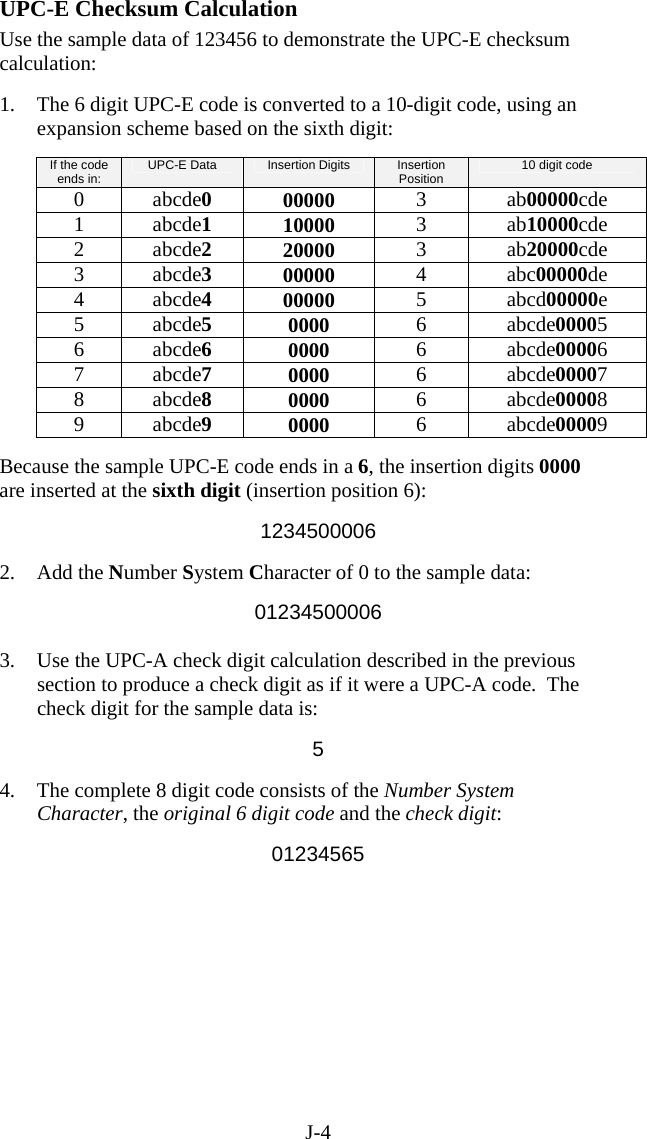 J-4 UPC-E Checksum Calculation Use the sample data of 123456 to demonstrate the UPC-E checksum calculation:  1.  The 6 digit UPC-E code is converted to a 10-digit code, using an expansion scheme based on the sixth digit:  If the code ends in:  UPC-E Data  Insertion Digits  Insertion Position  10 digit code 0 abcde0 00000  3 ab00000cde 1 abcde1 10000  3 ab10000cde 2 abcde2 20000  3 ab20000cde 3 abcde3 00000  4 abc00000de 4 abcde4 00000  5 abcd00000e 5 abcde5 0000  6 abcde00005 6 abcde6 0000  6 abcde00006 7 abcde7 0000  6 abcde00007 8 abcde8 0000  6 abcde00008 9 abcde9 0000  6 abcde00009  Because the sample UPC-E code ends in a 6, the insertion digits 0000 are inserted at the sixth digit (insertion position 6):  1234500006  2. Add the Number System Character of 0 to the sample data:  01234500006  3.  Use the UPC-A check digit calculation described in the previous section to produce a check digit as if it were a UPC-A code.  The check digit for the sample data is:  5  4.  The complete 8 digit code consists of the Number System Character, the original 6 digit code and the check digit:  01234565 