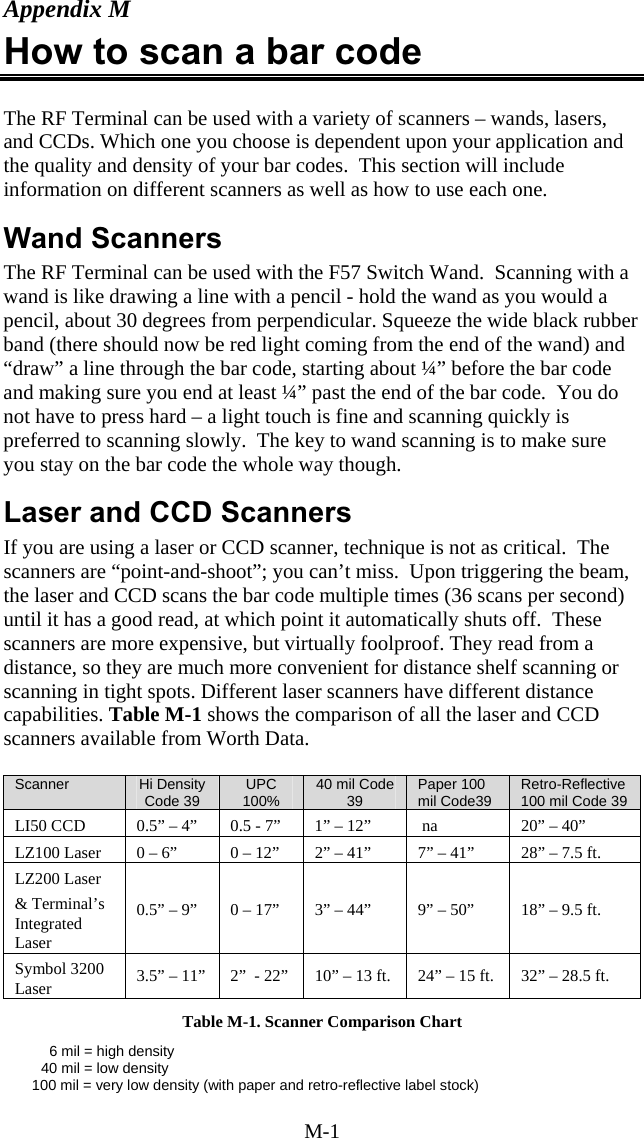 M-1 Appendix M How to scan a bar code  The RF Terminal can be used with a variety of scanners – wands, lasers, and CCDs. Which one you choose is dependent upon your application and the quality and density of your bar codes.  This section will include information on different scanners as well as how to use each one.   Wand Scanners The RF Terminal can be used with the F57 Switch Wand.  Scanning with a wand is like drawing a line with a pencil - hold the wand as you would a pencil, about 30 degrees from perpendicular. Squeeze the wide black rubber band (there should now be red light coming from the end of the wand) and “draw” a line through the bar code, starting about ¼” before the bar code and making sure you end at least ¼” past the end of the bar code.  You do not have to press hard – a light touch is fine and scanning quickly is preferred to scanning slowly.  The key to wand scanning is to make sure you stay on the bar code the whole way though.  Laser and CCD Scanners If you are using a laser or CCD scanner, technique is not as critical.  The scanners are “point-and-shoot”; you can’t miss.  Upon triggering the beam, the laser and CCD scans the bar code multiple times (36 scans per second) until it has a good read, at which point it automatically shuts off.  These scanners are more expensive, but virtually foolproof. They read from a distance, so they are much more convenient for distance shelf scanning or scanning in tight spots. Different laser scanners have different distance capabilities. Table M-1 shows the comparison of all the laser and CCD scanners available from Worth Data.   Scanner  Hi Density Code 39  UPC 100%  40 mil Code 39  Paper 100 mil Code39  Retro-Reflective 100 mil Code 39 LI50 CCD  0.5” – 4”  0.5 - 7”  1” – 12”   na  20” – 40” LZ100 Laser  0 – 6”  0 – 12”  2” – 41”  7” – 41”  28” – 7.5 ft. LZ200 Laser &amp; Terminal’s Integrated Laser  0.5” – 9”  0 – 17”  3” – 44”  9” – 50”  18” – 9.5 ft. Symbol 3200 Laser  3.5” – 11”  2”  - 22”  10” – 13 ft.  24” – 15 ft.  32” – 28.5 ft. Table M-1. Scanner Comparison Chart   6 mil = high density 40 mil = low density        100 mil = very low density (with paper and retro-reflective label stock) 