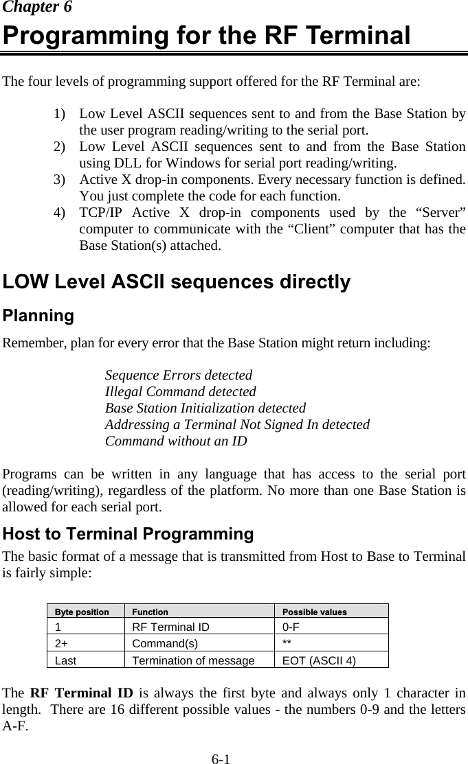 6-1 Chapter 6 Programming for the RF Terminal   The four levels of programming support offered for the RF Terminal are:  1)  Low Level ASCII sequences sent to and from the Base Station by the user program reading/writing to the serial port. 2)  Low Level ASCII sequences sent to and from the Base Station using DLL for Windows for serial port reading/writing. 3)  Active X drop-in components. Every necessary function is defined. You just complete the code for each function. 4)  TCP/IP Active X drop-in components used by the “Server” computer to communicate with the “Client” computer that has the Base Station(s) attached.  LOW Level ASCII sequences directly Planning Remember, plan for every error that the Base Station might return including:  Sequence Errors detected Illegal Command detected Base Station Initialization detected Addressing a Terminal Not Signed In detected Command without an ID  Programs can be written in any language that has access to the serial port (reading/writing), regardless of the platform. No more than one Base Station is allowed for each serial port.   Host to Terminal Programming The basic format of a message that is transmitted from Host to Base to Terminal is fairly simple:   Byte position  Function  Possible values 1  RF Terminal ID  0-F 2+ Command(s)  ** Last  Termination of message  EOT (ASCII 4)  The RF Terminal ID is always the first byte and always only 1 character in length.  There are 16 different possible values - the numbers 0-9 and the letters A-F. 