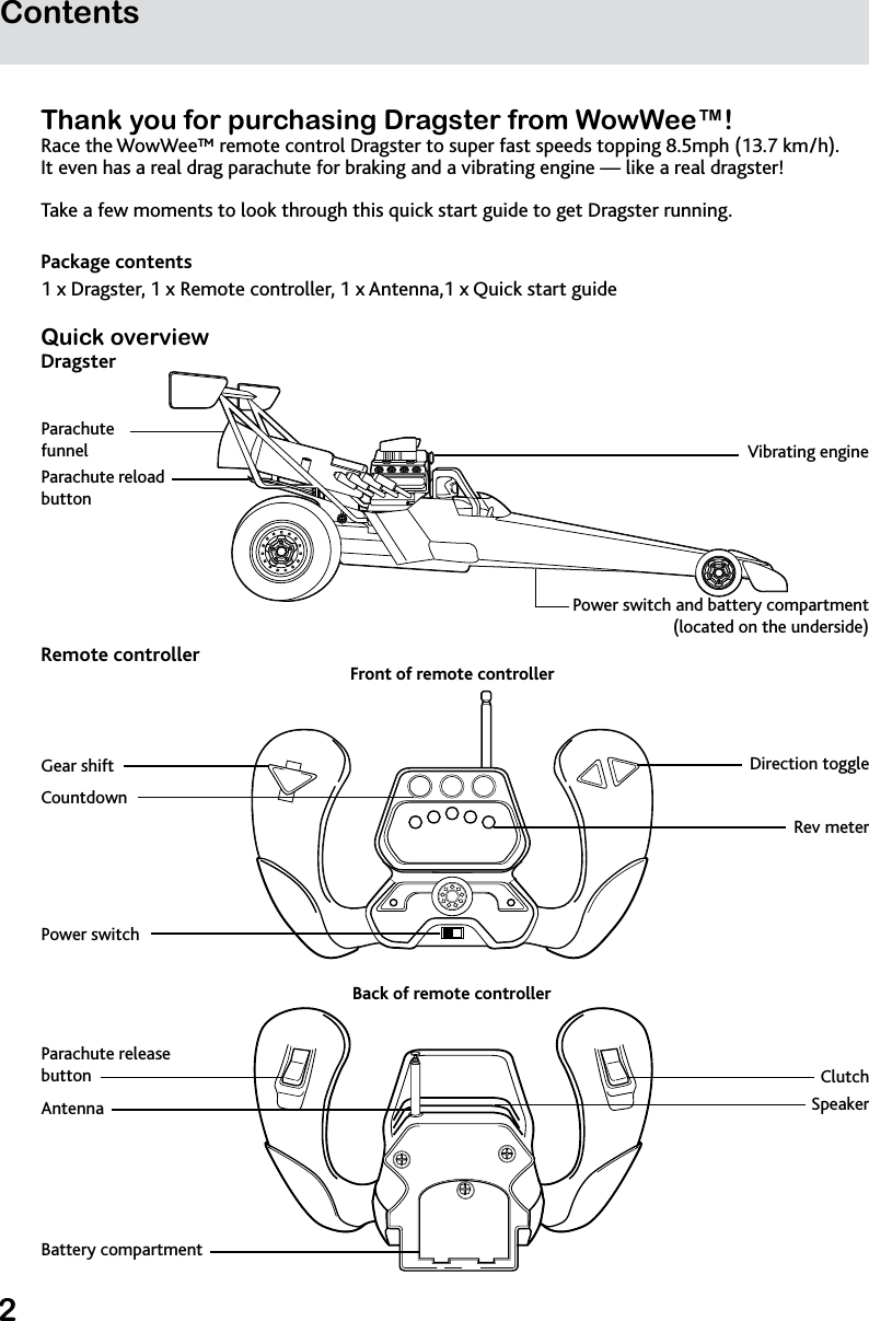 2ContentsThank you for purchasing Dragster from WowWee™!Race the WowWee™ remote control Dragster to super fast speeds topping 8.5mph (13.7 km/h).  It even has a real drag parachute for braking and a vibrating engine — like a real dragster!Take a few moments to look through this quick start guide to get Dragster running.Package contents1 x Dragster, 1 x Remote controller, 1 x Antenna,1 x Quick start guideQuick overview DragsterRemote controllerParachute reload buttonParachute release buttonParachute  funnelPower switch and battery compartment (located on the underside)Vibrating engineRev meterPower switchFront of remote controllerCountdownGear shift Direction toggleClutchAntenna SpeakerBattery compartment Back of remote controller