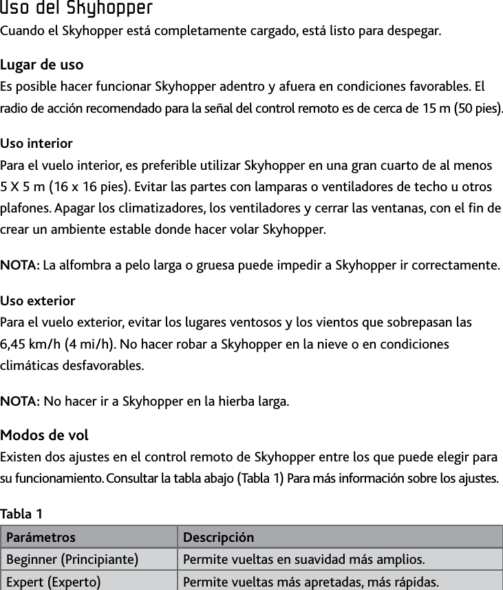 35ESPUso﻿del﻿SkyhopperUso﻿del﻿SkyhopperUso﻿del﻿SkyhopperCuando el Skyhopper está completamente cargado, está listo para despegar Lugar de usoEs posible hacer funcionar Skyhopper adentro y afuera en condiciones favorables El radio de acción recomendado para la señal del control remoto es de cerca de 15 m (50 pies) Uso interiorPara el vuelo interior, es preferible utilizar Skyhopper en una gran cuarto de al menos 5 X 5 m (16 x 16 pies) Evitar las partes con lamparas o ventiladores de techo u otros plafones Apagar los climatizadores, los ventiladores y cerrar las ventanas, con el n de crear un ambiente estable donde hacer volar SkyhopperNOTA: La alfombra a pelo larga o gruesa puede impedir a Skyhopper ir correctamente Uso exterior Para el vuelo exterior, evitar los lugares ventosos y los vientos que sobrepasan las  6,45 km/h (4 mi/h) No hacer robar a Skyhopper en la nieve o en condiciones climáticas desfavorables  NOTA: No hacer ir a Skyhopper en la hierba largaModos de volExisten dos ajustes en el control remoto de Skyhopper entre los que puede elegir para su funcionamiento Consultar la tabla abajo (Tabla 1) Para más información sobre los ajustesTabla 1Parámetros Descripción Beginner (Principiante) Permite vueltas en suavidad más ampliosExpert (Experto) Permite vueltas más apretadas, más rápidas