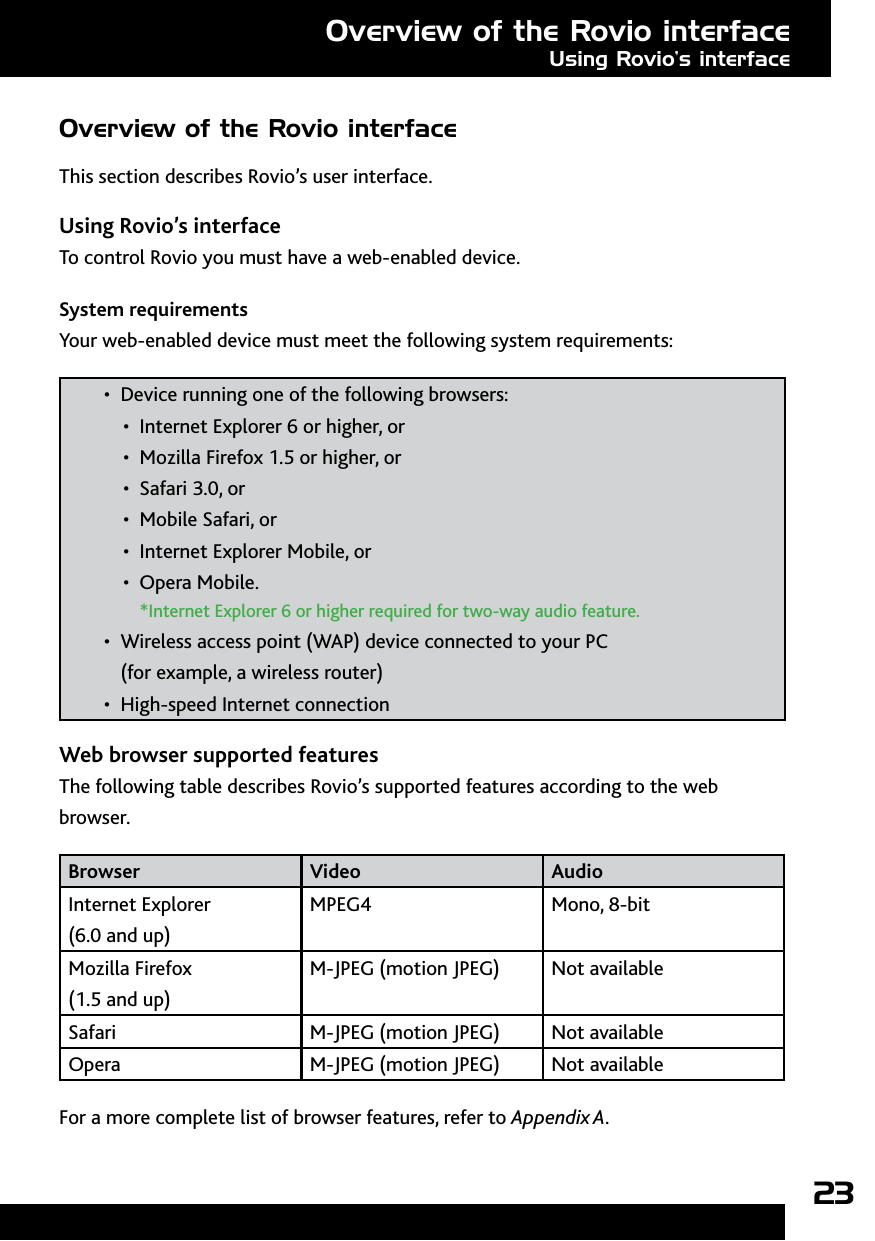 23Overview of the Rovio interface This section describes Rovio’s user interface. Using Rovio’s interfaceTo control Rovio you must have a web-enabled device.System requirementsYour web-enabled device must meet the following system requirements:Device running one of the following browsers:• Internet Explorer 6 or higher, or• Mozilla Firefox 1.5 or higher, or• Safari 3.0, or• Mobile Safari, or• Internet Explorer Mobile, or • Opera Mobile. • *Internet Explorer 6 or higher required for two-way audio feature.Wireless access point (WAP) device connected to your PC • (for example, a wireless router)High-speed Internet connection• Web browser supported features The following table describes Rovio’s supported features according to the web browser.Browser Video AudioInternet Explorer  (6.0 and up)MPEG4 Mono, 8-bitMozilla Firefox (1.5 and up)M-JPEG (motion JPEG) Not availableSafari M-JPEG (motion JPEG) Not availableOpera M-JPEG (motion JPEG) Not availableFor a more complete list of browser features, refer to Appendix A. Overview of the Rovio interfaceUsing Rovio’s interface