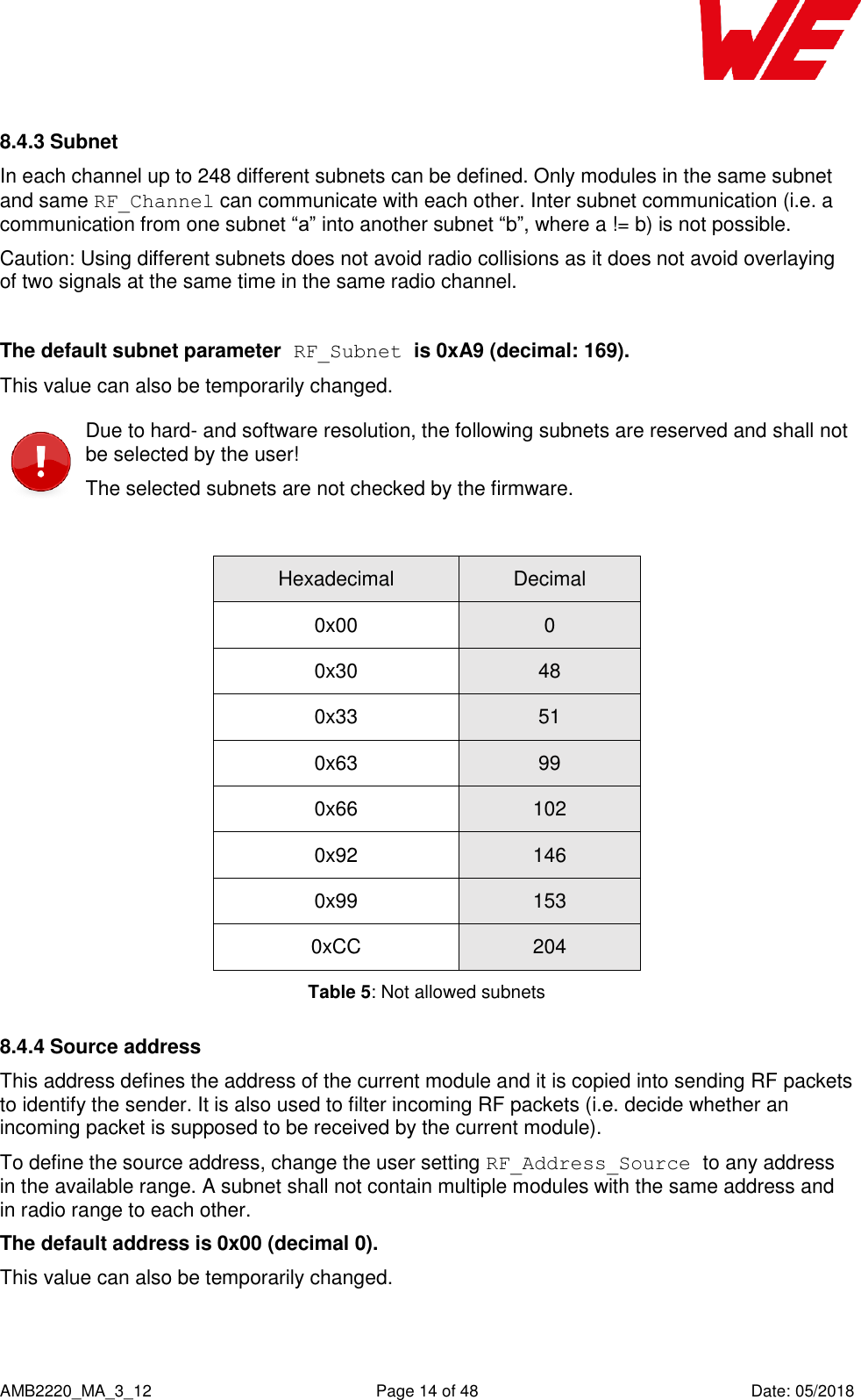    AMB2220_MA_3_12  Page 14 of 48  Date: 05/2018 8.4.3 Subnet In each channel up to 248 different subnets can be defined. Only modules in the same subnet and same RF_Channel can communicate with each other. Inter subnet communication (i.e. a communication from one subnet “a” into another subnet “b”, where a != b) is not possible. Caution: Using different subnets does not avoid radio collisions as it does not avoid overlaying of two signals at the same time in the same radio channel.  The default subnet parameter RF_Subnet is 0xA9 (decimal: 169). This value can also be temporarily changed.  Due to hard- and software resolution, the following subnets are reserved and shall not be selected by the user! The selected subnets are not checked by the firmware.  Hexadecimal Decimal 0x00 0 0x30 48 0x33 51 0x63 99 0x66 102 0x92 146 0x99 153 0xCC 204 Table 5: Not allowed subnets 8.4.4 Source address This address defines the address of the current module and it is copied into sending RF packets to identify the sender. It is also used to filter incoming RF packets (i.e. decide whether an incoming packet is supposed to be received by the current module). To define the source address, change the user setting RF_Address_Source to any address in the available range. A subnet shall not contain multiple modules with the same address and in radio range to each other. The default address is 0x00 (decimal 0). This value can also be temporarily changed. 