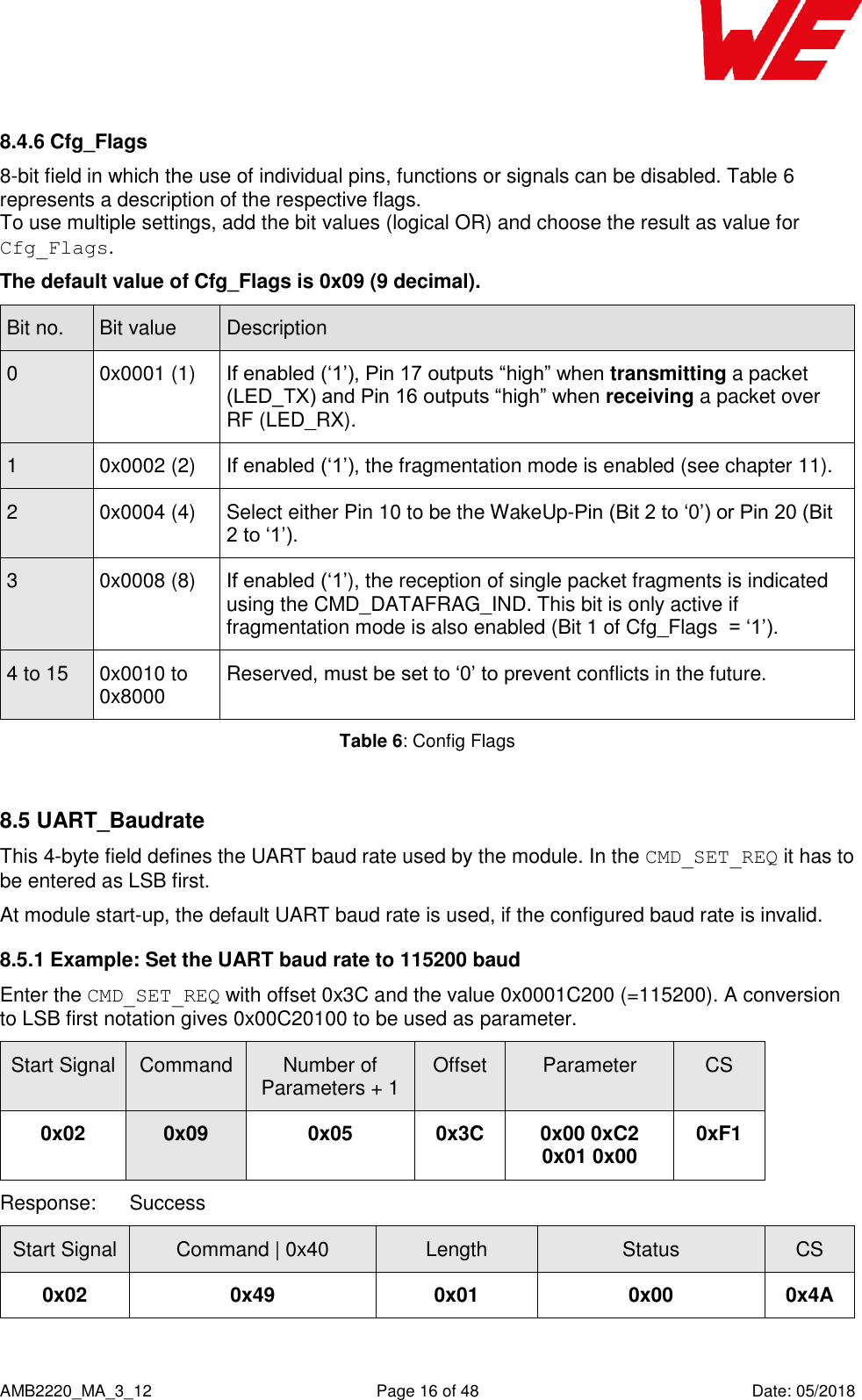    AMB2220_MA_3_12  Page 16 of 48  Date: 05/2018 8.4.6 Cfg_Flags 8-bit field in which the use of individual pins, functions or signals can be disabled. Table 6 represents a description of the respective flags. To use multiple settings, add the bit values (logical OR) and choose the result as value for Cfg_Flags. The default value of Cfg_Flags is 0x09 (9 decimal). Bit no. Bit value Description 0 0x0001 (1) If enabled (‘1’), Pin 17 outputs “high” when transmitting a packet (LED_TX) and Pin 16 outputs “high” when receiving a packet over RF (LED_RX). 1 0x0002 (2) If enabled (‘1’), the fragmentation mode is enabled (see chapter 11). 2 0x0004 (4) Select either Pin 10 to be the WakeUp-Pin (Bit 2 to ‘0’) or Pin 20 (Bit 2 to ‘1’). 3 0x0008 (8) If enabled (‘1’), the reception of single packet fragments is indicated using the CMD_DATAFRAG_IND. This bit is only active if fragmentation mode is also enabled (Bit 1 of Cfg_Flags  = ‘1’). 4 to 15 0x0010 to 0x8000 Reserved, must be set to ‘0’ to prevent conflicts in the future. Table 6: Config Flags  8.5 UART_Baudrate This 4-byte field defines the UART baud rate used by the module. In the CMD_SET_REQ it has to be entered as LSB first. At module start-up, the default UART baud rate is used, if the configured baud rate is invalid. 8.5.1 Example: Set the UART baud rate to 115200 baud Enter the CMD_SET_REQ with offset 0x3C and the value 0x0001C200 (=115200). A conversion to LSB first notation gives 0x00C20100 to be used as parameter. Start Signal Command Number of Parameters + 1 Offset Parameter CS 0x02 0x09 0x05 0x3C 0x00 0xC2 0x01 0x00 0xF1 Response:  Success Start Signal Command | 0x40 Length Status CS 0x02 0x49 0x01 0x00 0x4A  