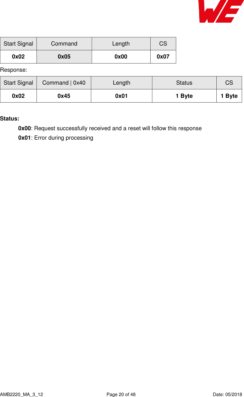    AMB2220_MA_3_12  Page 20 of 48  Date: 05/2018 Start Signal Command Length CS 0x02 0x05 0x00 0x07 Response: Start Signal Command | 0x40 Length Status CS 0x02 0x45 0x01 1 Byte 1 Byte  Status: 0x00: Request successfully received and a reset will follow this response  0x01: Error during processing    