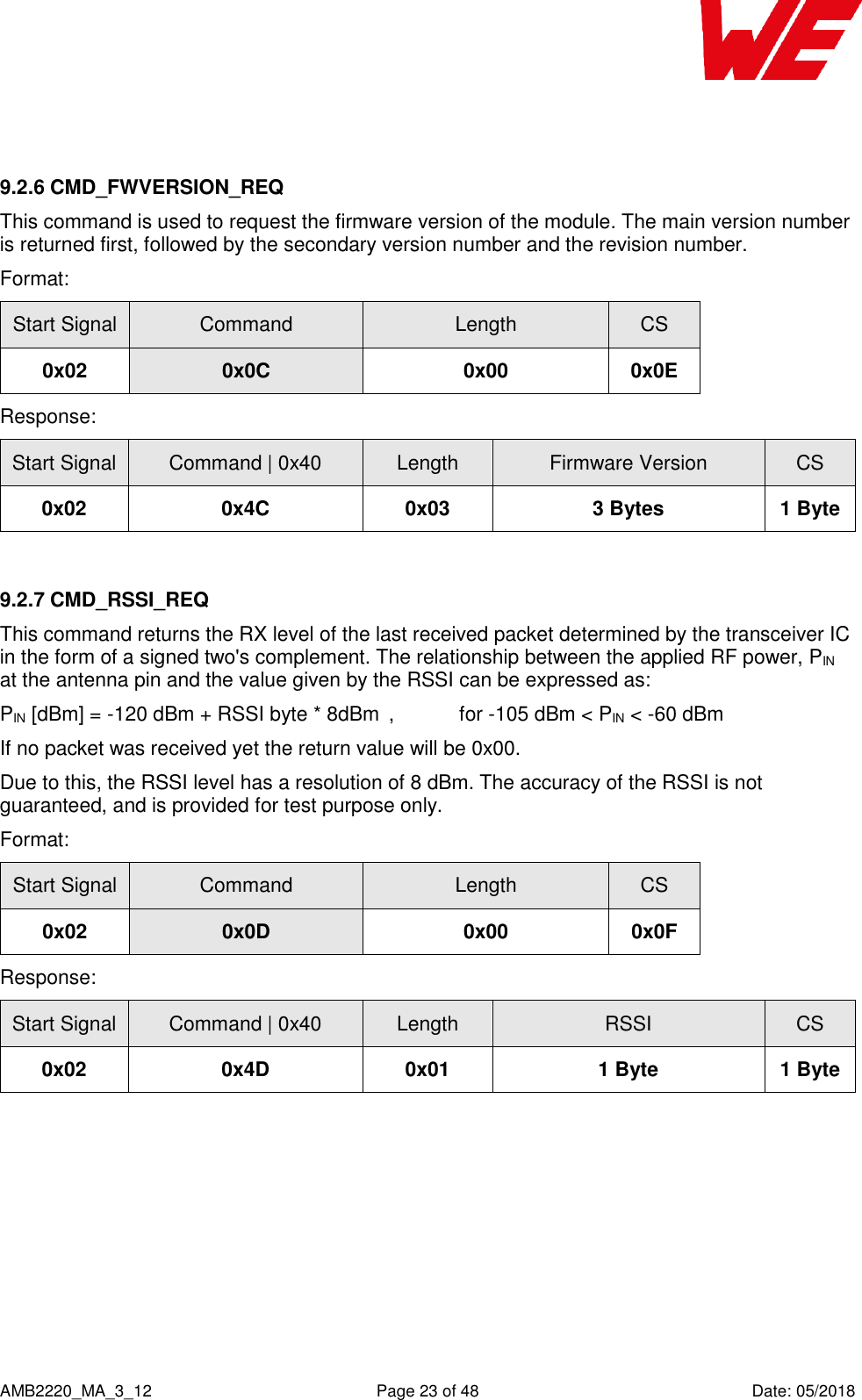    AMB2220_MA_3_12  Page 23 of 48  Date: 05/2018  9.2.6 CMD_FWVERSION_REQ This command is used to request the firmware version of the module. The main version number is returned first, followed by the secondary version number and the revision number. Format: Start Signal Command Length CS 0x02 0x0C 0x00 0x0E Response: Start Signal Command | 0x40 Length Firmware Version CS 0x02 0x4C 0x03 3 Bytes 1 Byte  9.2.7 CMD_RSSI_REQ This command returns the RX level of the last received packet determined by the transceiver IC in the form of a signed two&apos;s complement. The relationship between the applied RF power, PIN at the antenna pin and the value given by the RSSI can be expressed as: PIN [dBm] = -120 dBm + RSSI byte * 8dBm  ,   for -105 dBm &lt; PIN &lt; -60 dBm If no packet was received yet the return value will be 0x00. Due to this, the RSSI level has a resolution of 8 dBm. The accuracy of the RSSI is not guaranteed, and is provided for test purpose only. Format: Start Signal Command Length CS 0x02 0x0D 0x00 0x0F Response: Start Signal Command | 0x40 Length RSSI CS 0x02 0x4D 0x01 1 Byte 1 Byte     