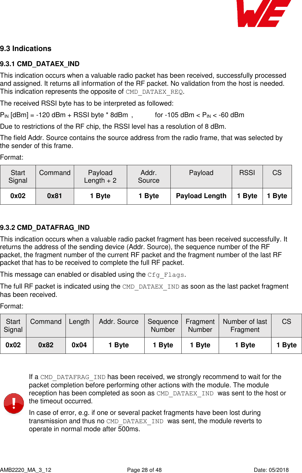    AMB2220_MA_3_12  Page 28 of 48  Date: 05/2018 9.3 Indications 9.3.1 CMD_DATAEX_IND This indication occurs when a valuable radio packet has been received, successfully processed and assigned. It returns all information of the RF packet. No validation from the host is needed. This indication represents the opposite of CMD_DATAEX_REQ. The received RSSI byte has to be interpreted as followed: PIN [dBm] = -120 dBm + RSSI byte * 8dBm  ,   for -105 dBm &lt; PIN &lt; -60 dBm  Due to restrictions of the RF chip, the RSSI level has a resolution of 8 dBm. The field Addr. Source contains the source address from the radio frame, that was selected by the sender of this frame. Format: Start Signal Command Payload Length + 2 Addr. Source Payload RSSI CS 0x02 0x81 1 Byte 1 Byte Payload Length 1 Byte 1 Byte  9.3.2 CMD_DATAFRAG_IND This indication occurs when a valuable radio packet fragment has been received successfully. It returns the address of the sending device (Addr. Source), the sequence number of the RF packet, the fragment number of the current RF packet and the fragment number of the last RF packet that has to be received to complete the full RF packet. This message can enabled or disabled using the Cfg_Flags. The full RF packet is indicated using the CMD_DATAEX_IND as soon as the last packet fragment has been received. Format: Start Signal Command Length Addr. Source Sequence Number Fragment Number Number of last Fragment CS 0x02 0x82 0x04 1 Byte 1 Byte 1 Byte 1 Byte 1 Byte   If a CMD_DATAFRAG_IND has been received, we strongly recommend to wait for the packet completion before performing other actions with the module. The module reception has been completed as soon as CMD_DATAEX_IND was sent to the host or the timeout occurred. In case of error, e.g. if one or several packet fragments have been lost during transmission and thus no CMD_DATAEX_IND was sent, the module reverts to operate in normal mode after 500ms.  