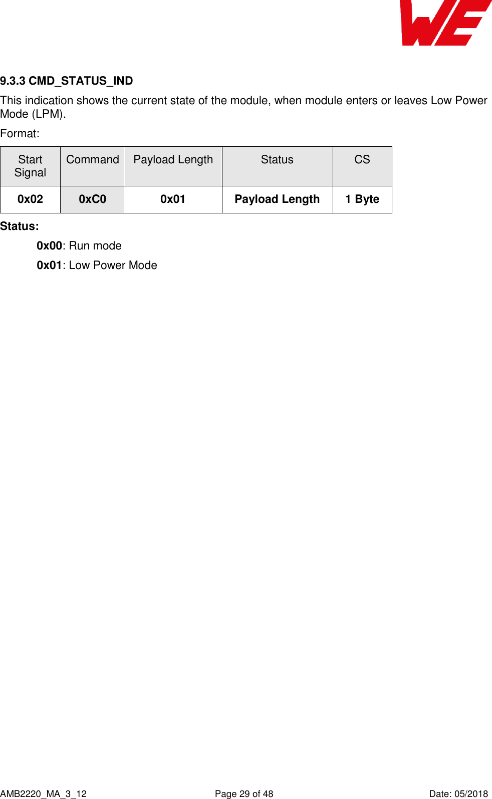    AMB2220_MA_3_12  Page 29 of 48  Date: 05/2018 9.3.3 CMD_STATUS_IND This indication shows the current state of the module, when module enters or leaves Low Power Mode (LPM). Format:    Start Signal Command Payload Length Status CS 0x02 0xC0 0x01 Payload Length 1 Byte Status: 0x00: Run mode  0x01: Low Power Mode    