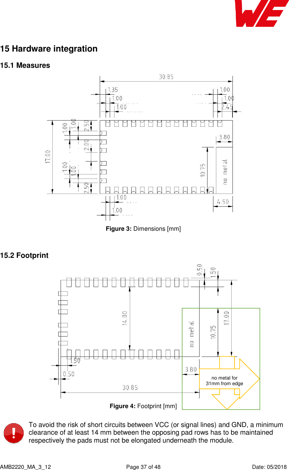    AMB2220_MA_3_12  Page 37 of 48  Date: 05/2018 15 Hardware integration  15.1 Measures  Figure 3: Dimensions [mm]  15.2 Footprint  Figure 4: Footprint [mm]  To avoid the risk of short circuits between VCC (or signal lines) and GND, a minimum clearance of at least 14 mm between the opposing pad rows has to be maintained respectively the pads must not be elongated underneath the module.   no metal for 31mm from edge 